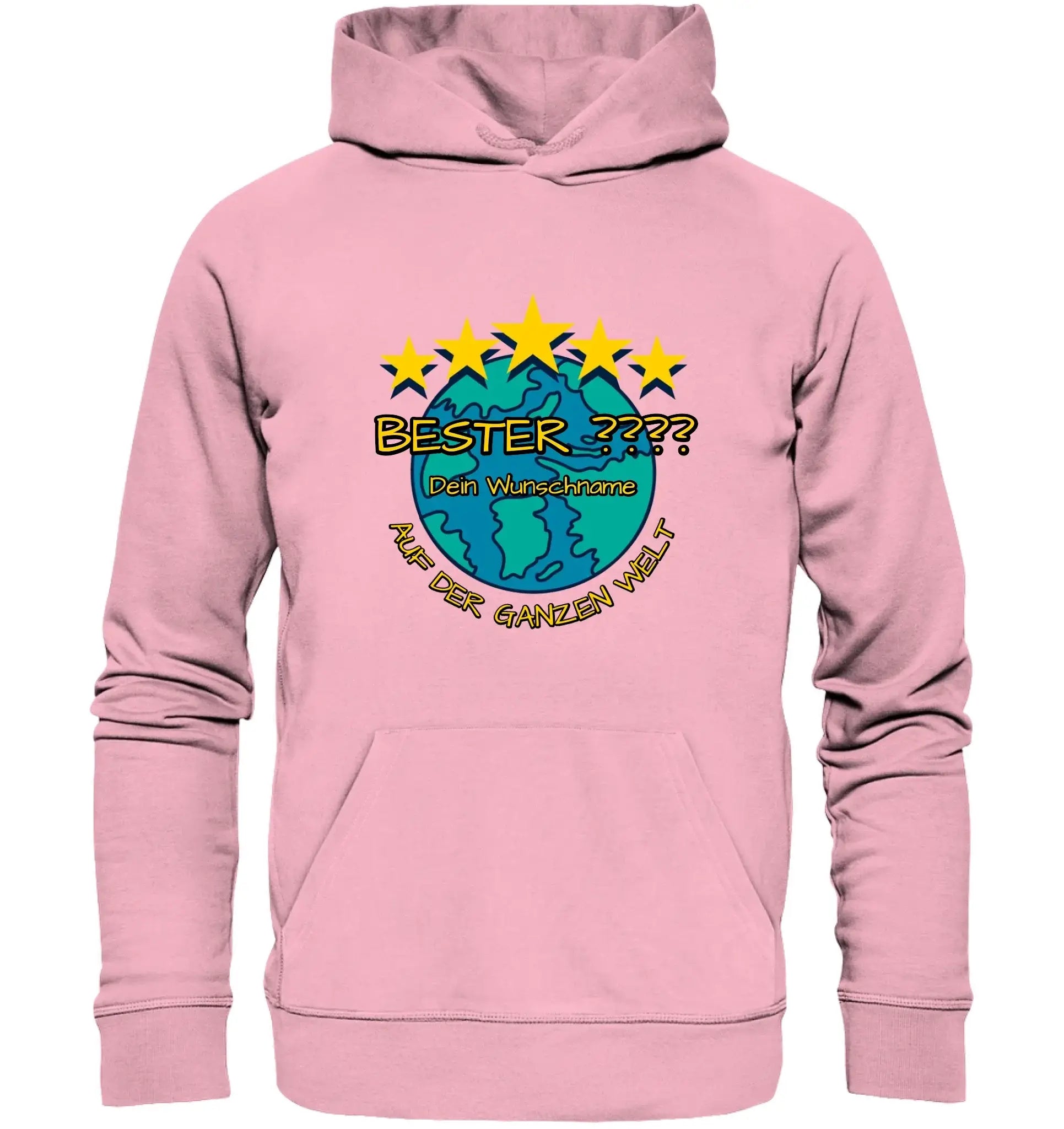 Pink hooded sweatshirt mit buntem globus grafik und gelben sternen plus deutscher text aus statement collection