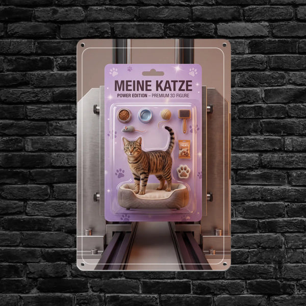 Eine hochwertige 3D-Figur einer getigerten Katze in einem beigen Bett, verpackt mit Miniatur-Zubehör für Haustiere und mit „meine katze power edition“ auf einem lavendelfarbenen Kunststoffetikett beschriftet.