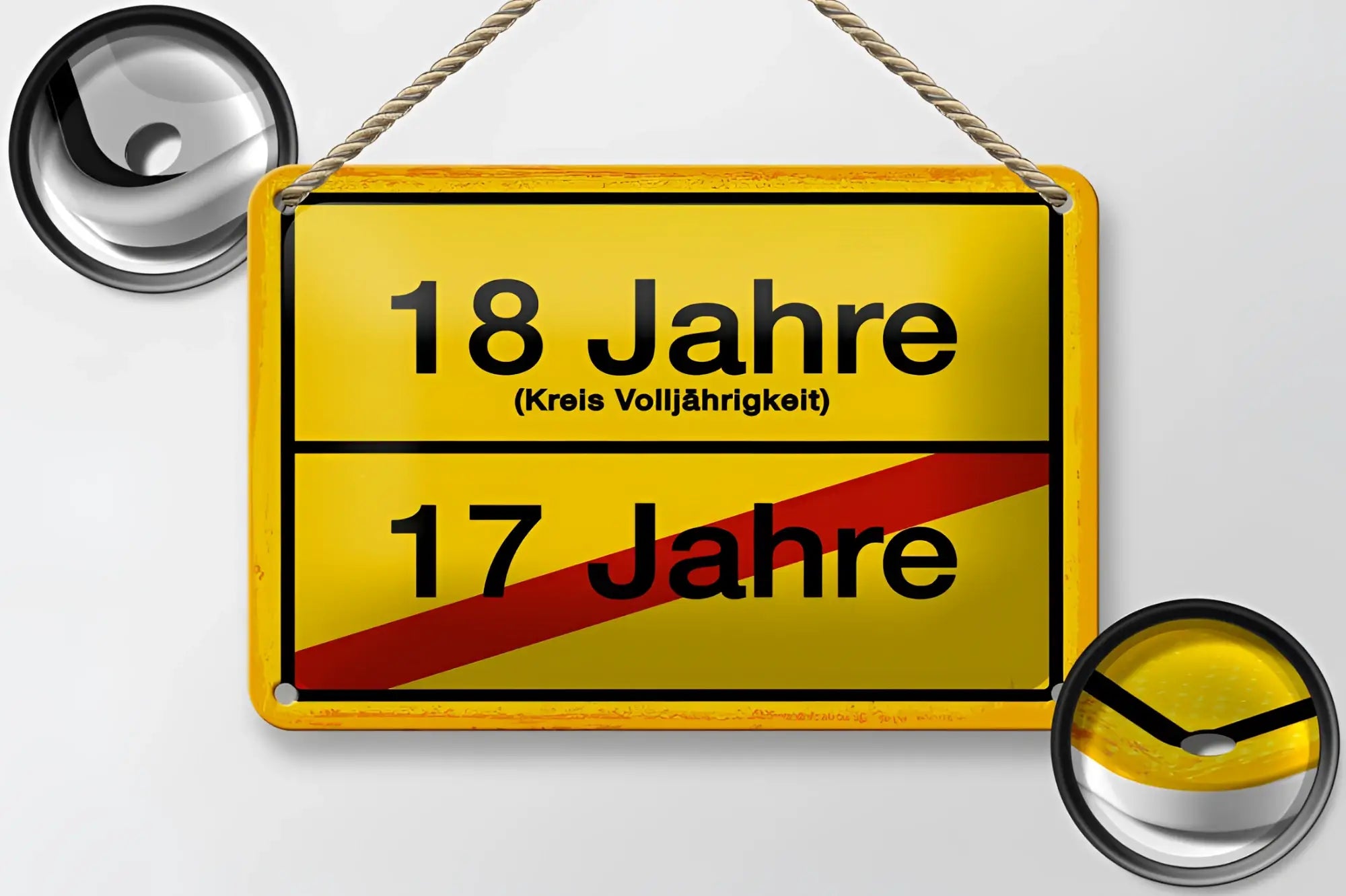 Gelbes blechschild 20x30cm mit schwarzem text 18 jahre kreis volljährigkeit 17 jahre und rotem diagonalen streifen