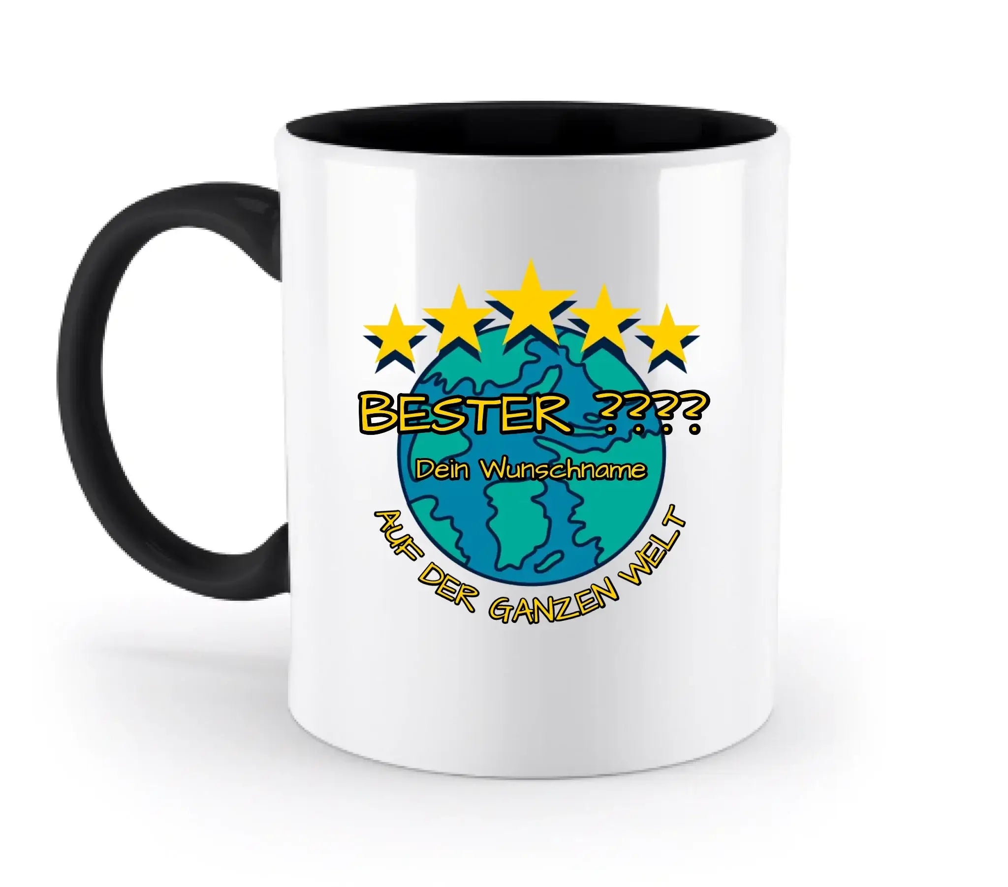 Weiße keramikmug mit schwarzem innenraum und griff mit buntem globusmotiv und gelben sternen plus deutschem text