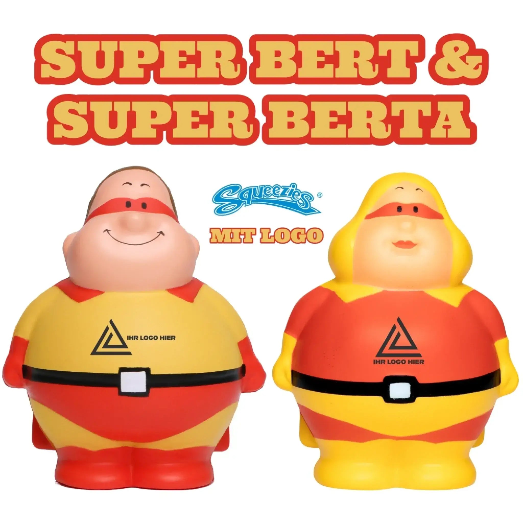 Gelbe und rote superhero stressball quetschfiguren mit schwarzen gürteln und dreieckigen logos als werbemittel