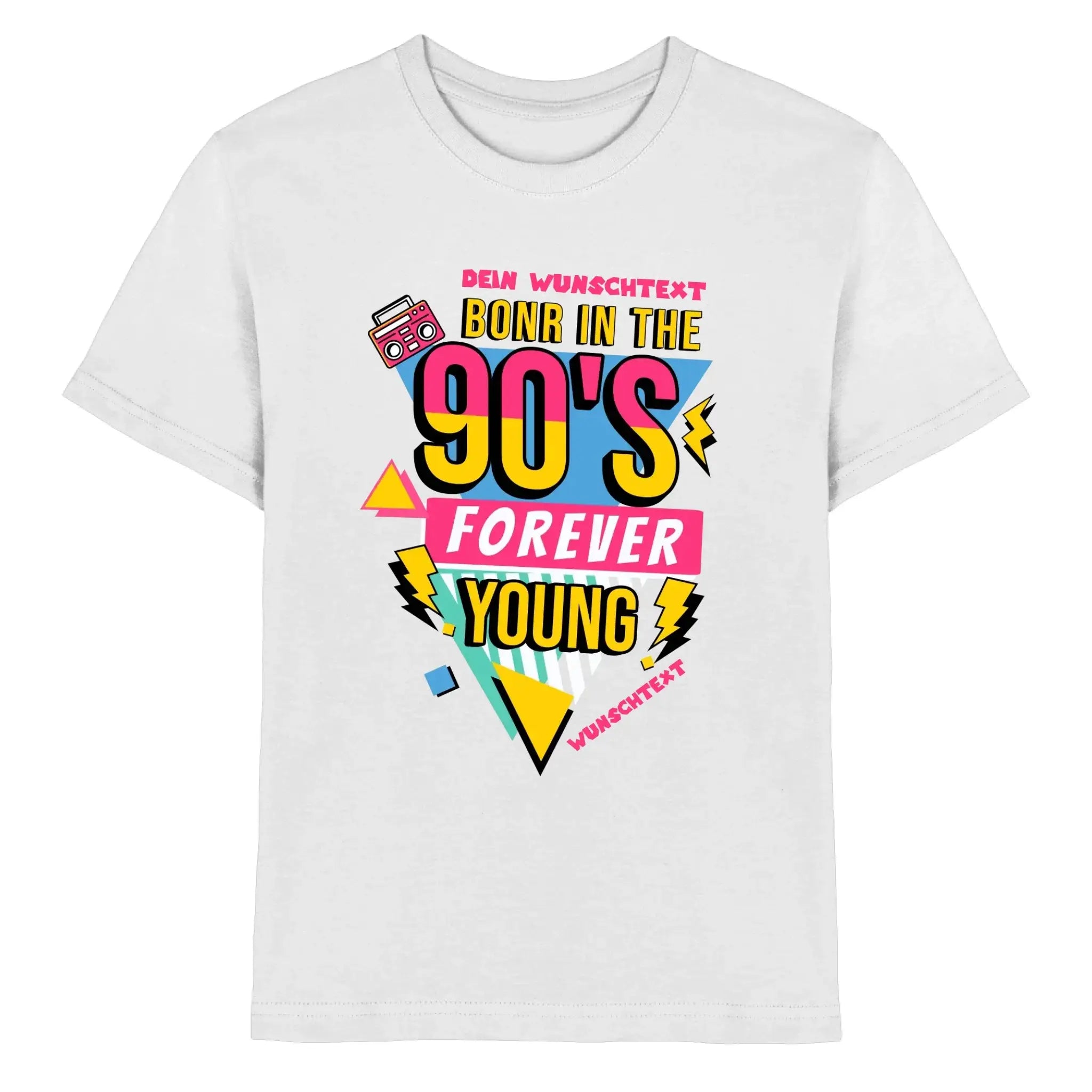 Weißer baumwoll-t-shirt mit buntem 90er-jahre-boombox-design in gelb pink und blau aus der statement-collection