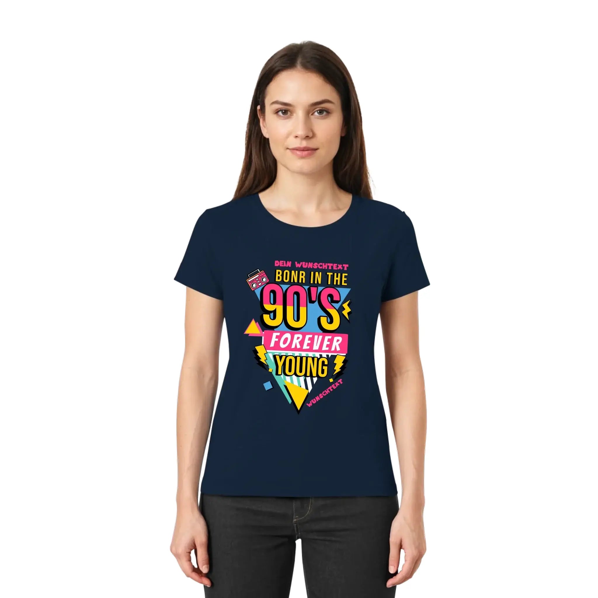 Navy blaues damen t shirt mit knalligem 90er jahre boombox grafik und auffälligen gelben, pinken und türkis formen