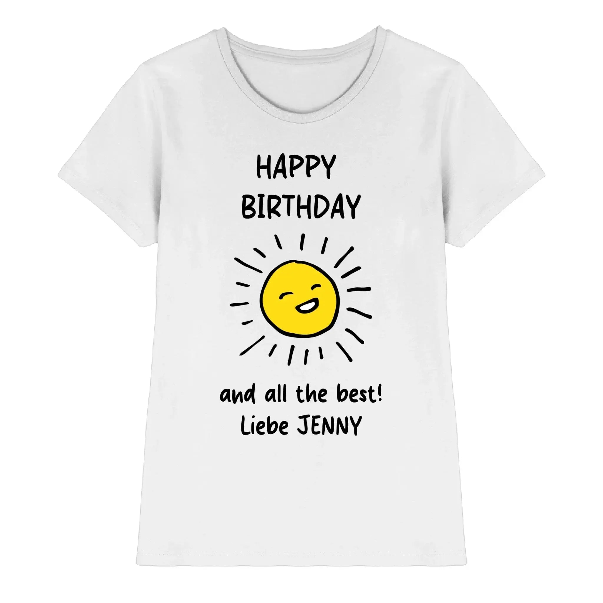 Weiße kurzarm t shirt mit fröhlicher gelber sonne und text happy birthday and all the best liebe jenny geburtstag motiv 7 kings statement collection