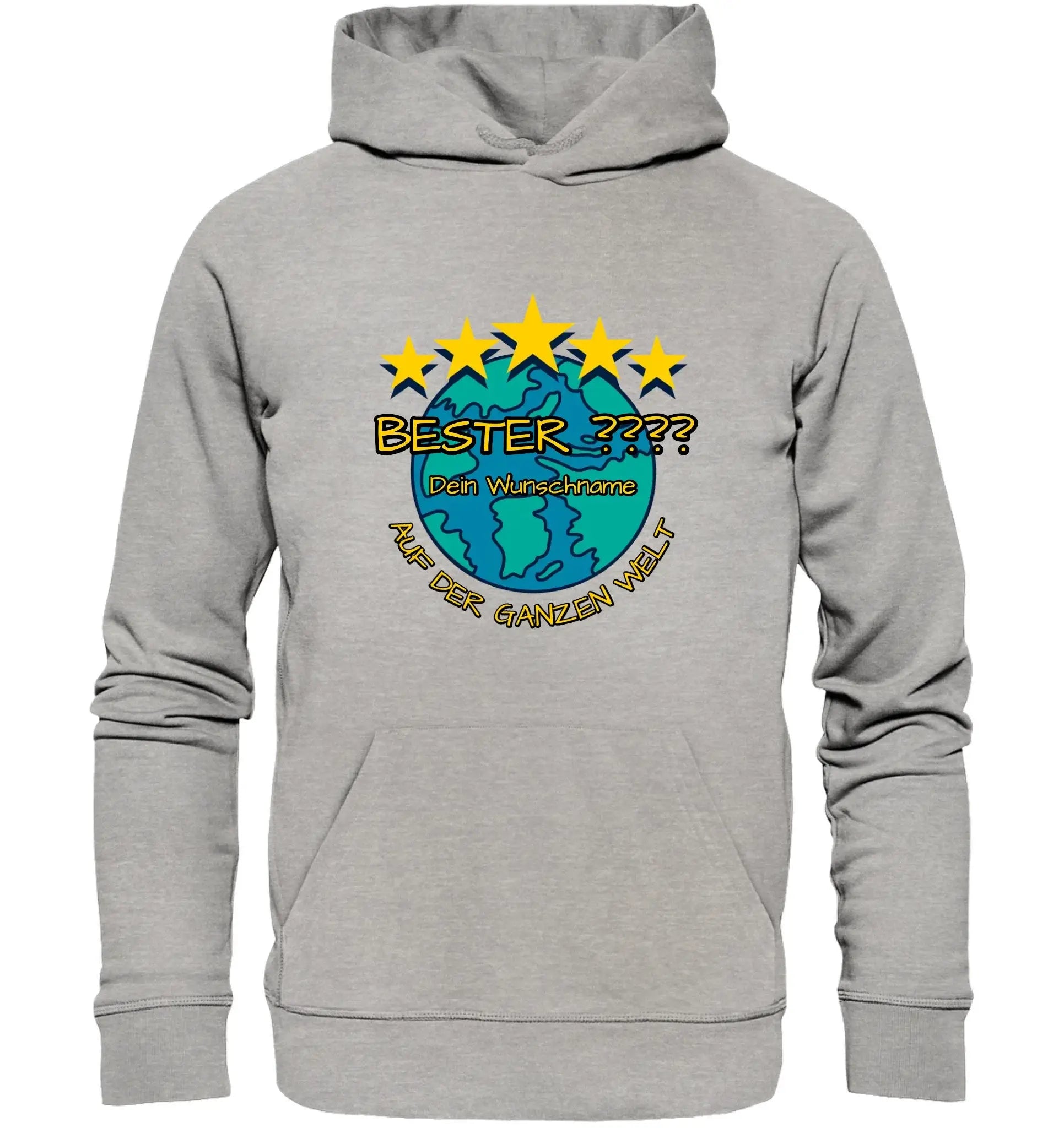 Grauer kapuzenpullover mit bunter weltkugel grafik und gelben sternen für beste mama papa chef personalisiert