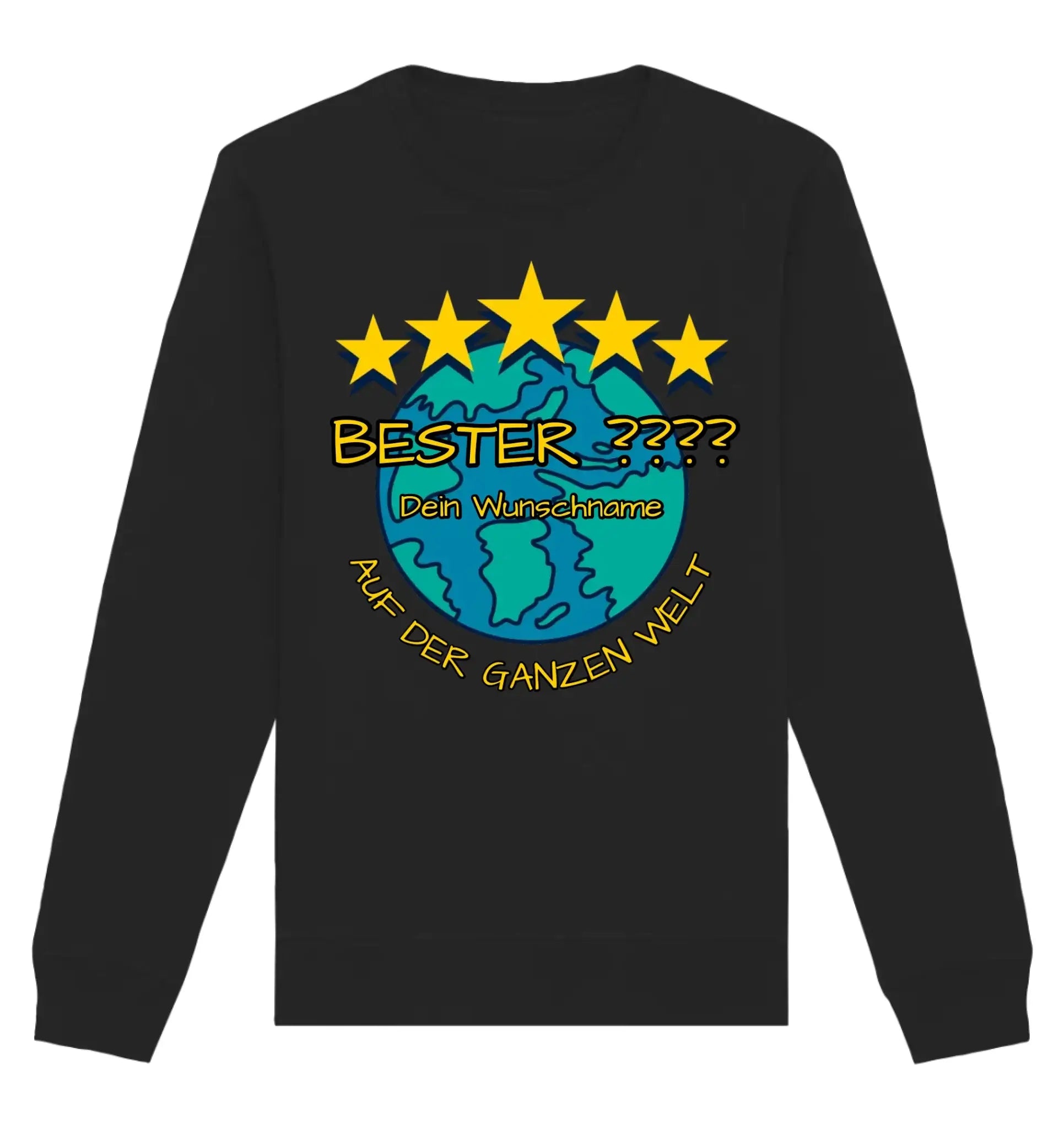 Schwarzer langarm sweatshirt mit blauem globus und fünf gelben sternen sowie goldener deutscher schrift personalisierbar aus der statement-collection