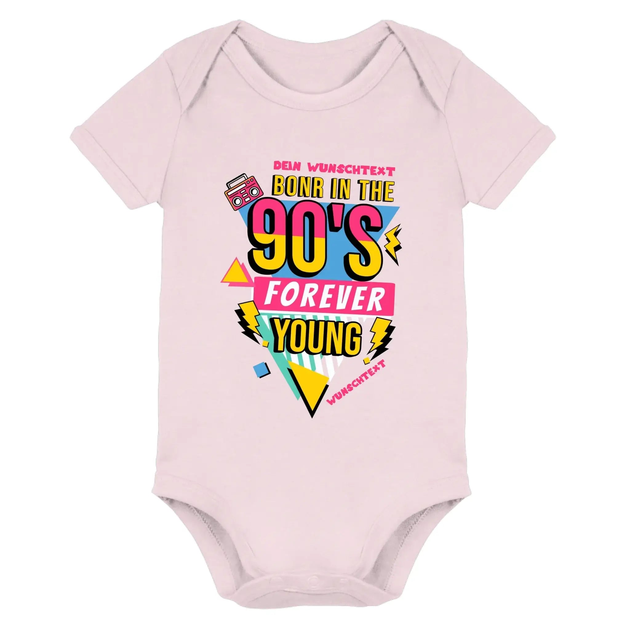 Ein softes rosa babystrampler mit bunter 90er jahre grafik und retro boombox aus der statement collection