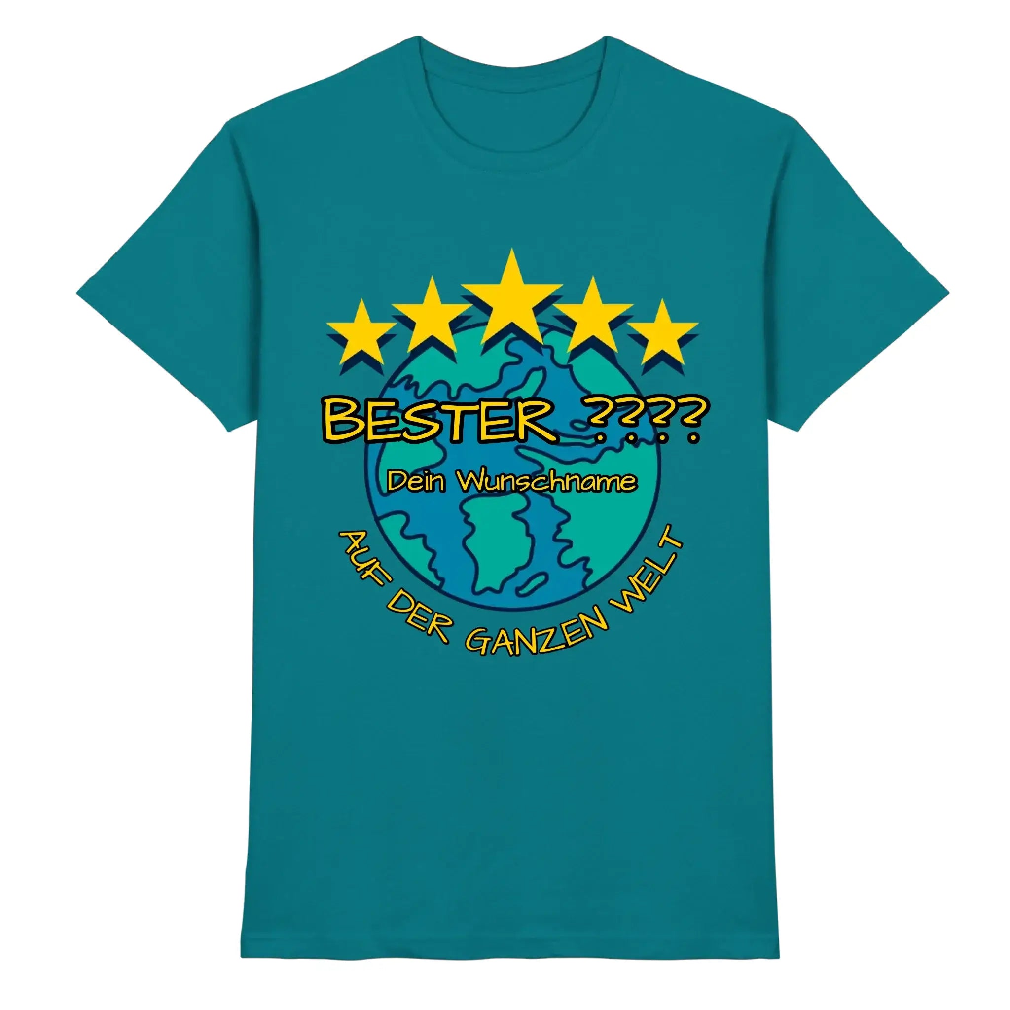 Teal baumwoll t shirt mit globe design und fünf gelben sternen über beste bester wunschname in verspielter schrift