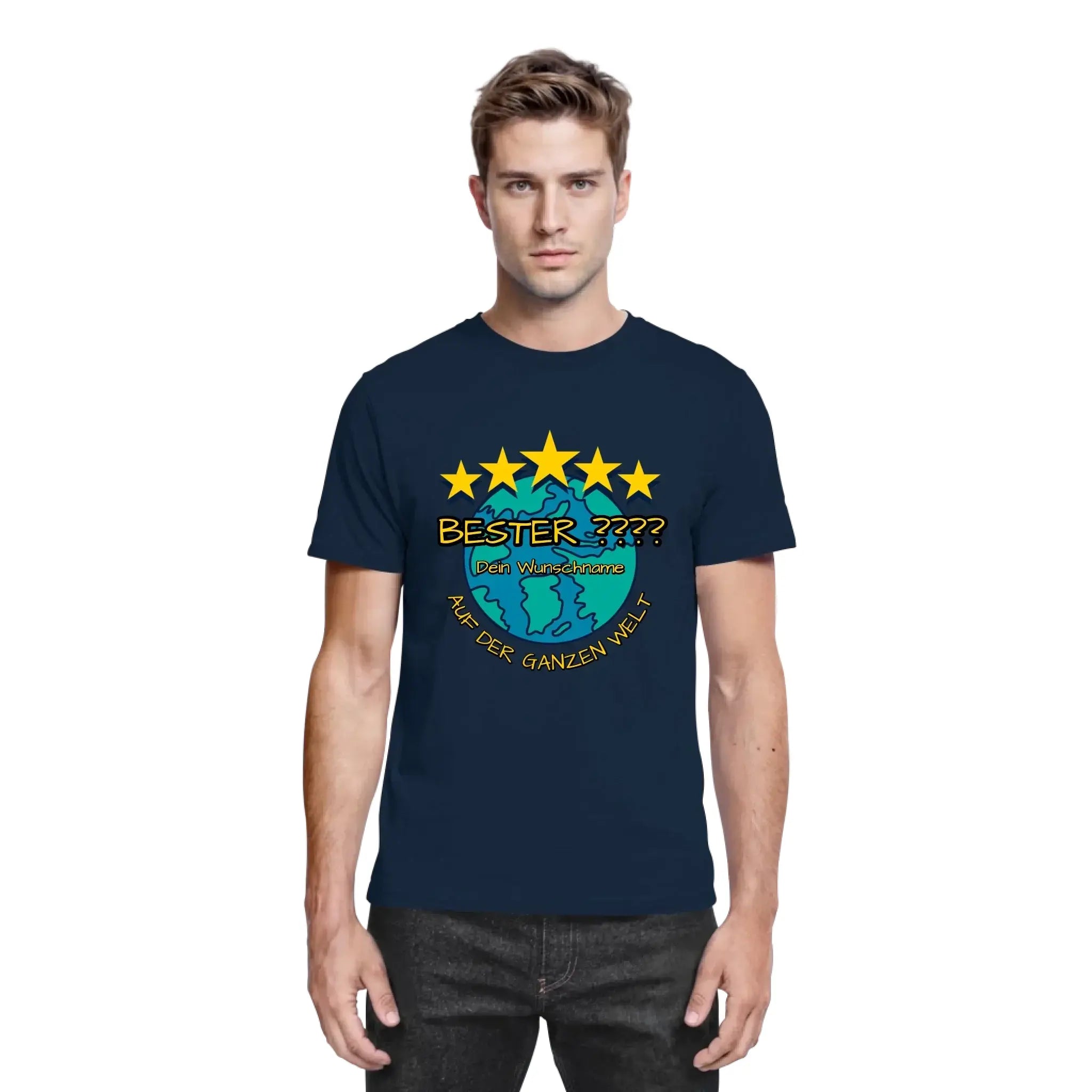 Navy blaues baumwoll t shirt mit buntem 5 sterne motiv beste mama bester papa bester chef personalisiert