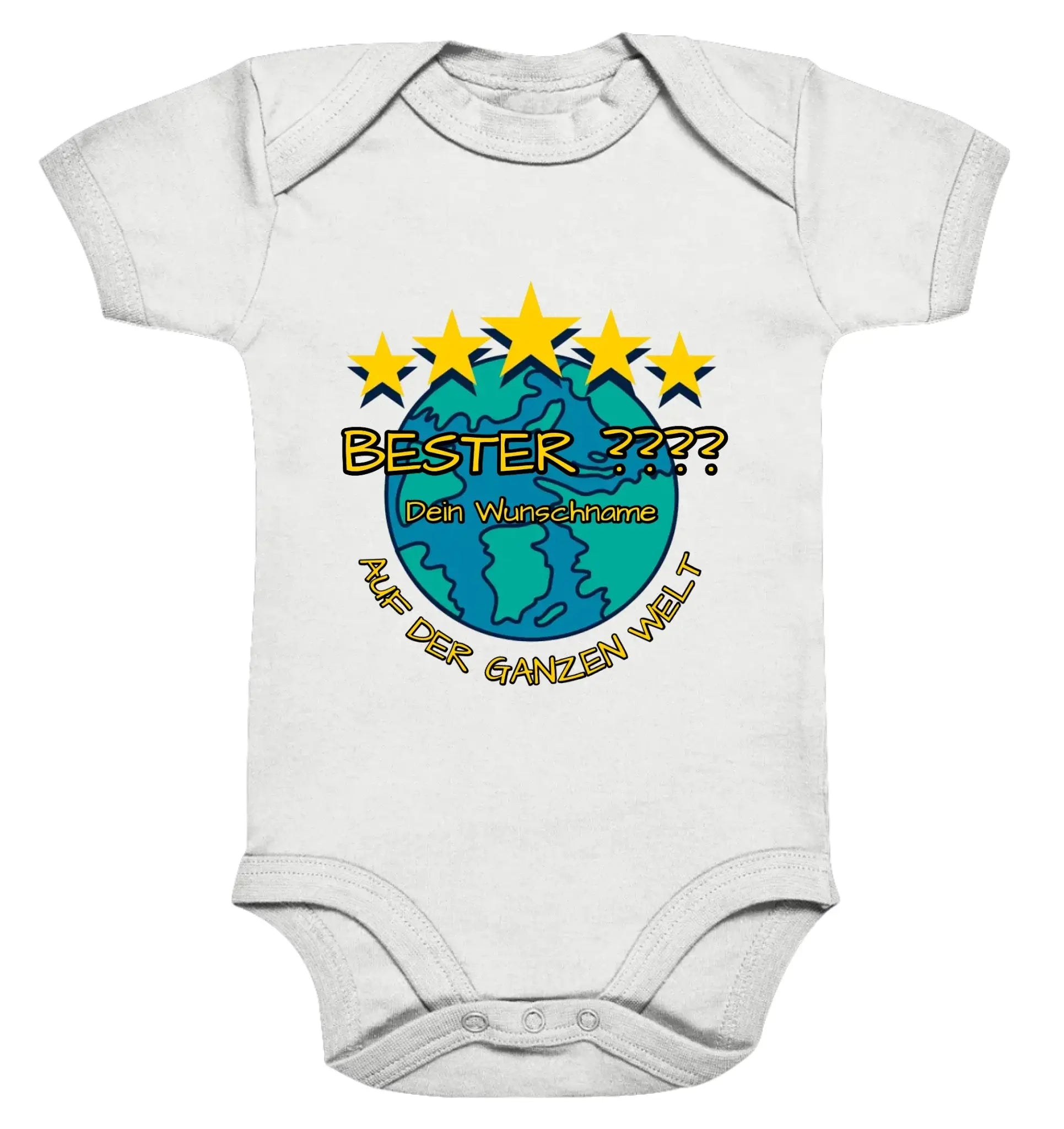 Weißer baby-strampler mit farbigem globus und fünf gelben sternen plus deutschem text aus der 5 sterne statement-collection