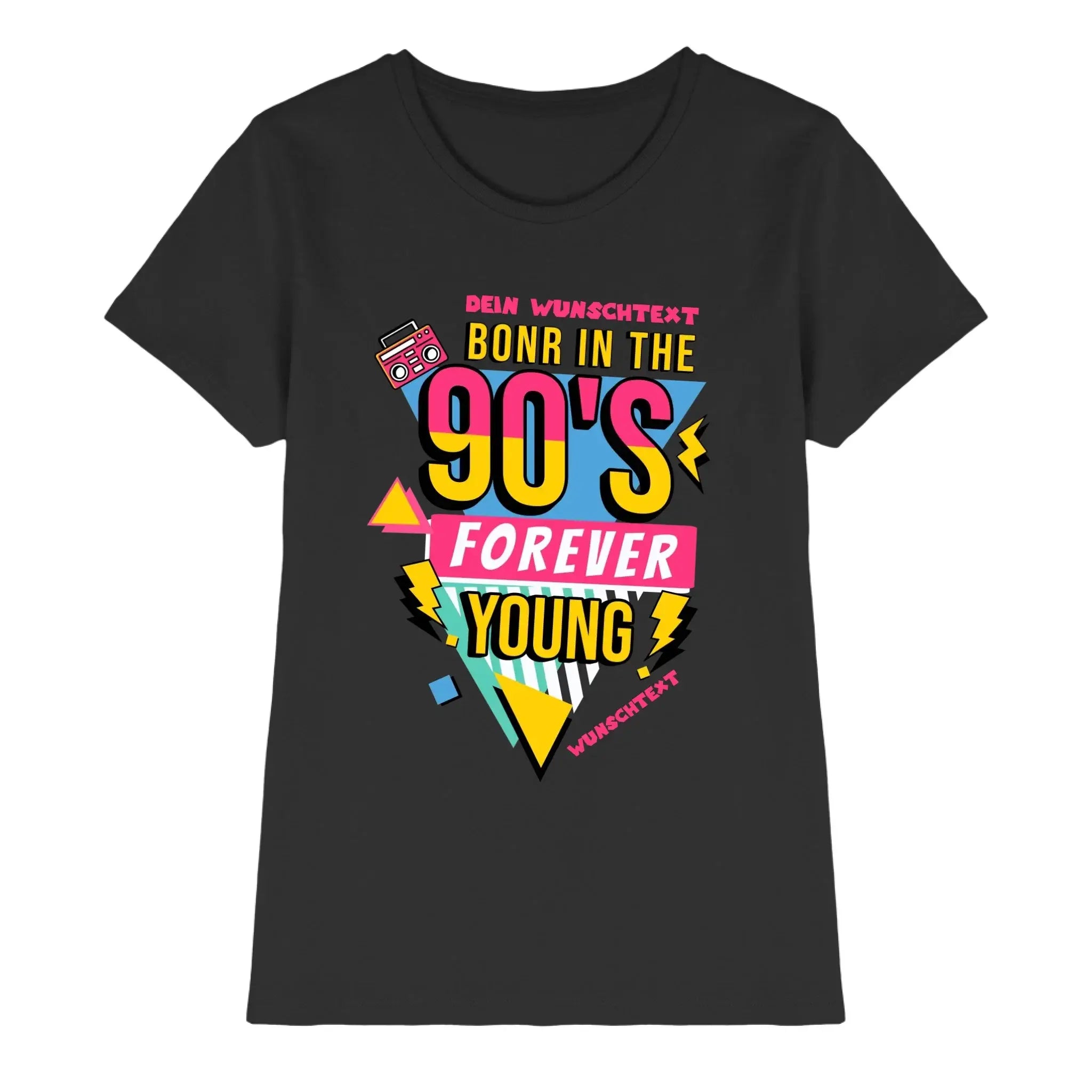 Schwarzes kurzarmshirt aus baumwolle mit buntem 90er jahre boombox grafik und knalligen gelb rosa formen