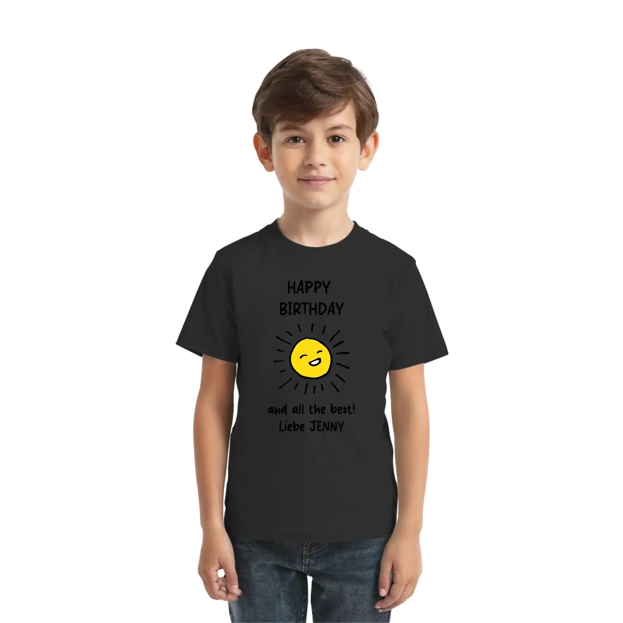 Schwarzes kurzarmshirt mit fröhlicher gelber sonnengrafik und text happy birthday und alles gute liebe jenny geburtstag motiv 5 verwandte girl statement collection