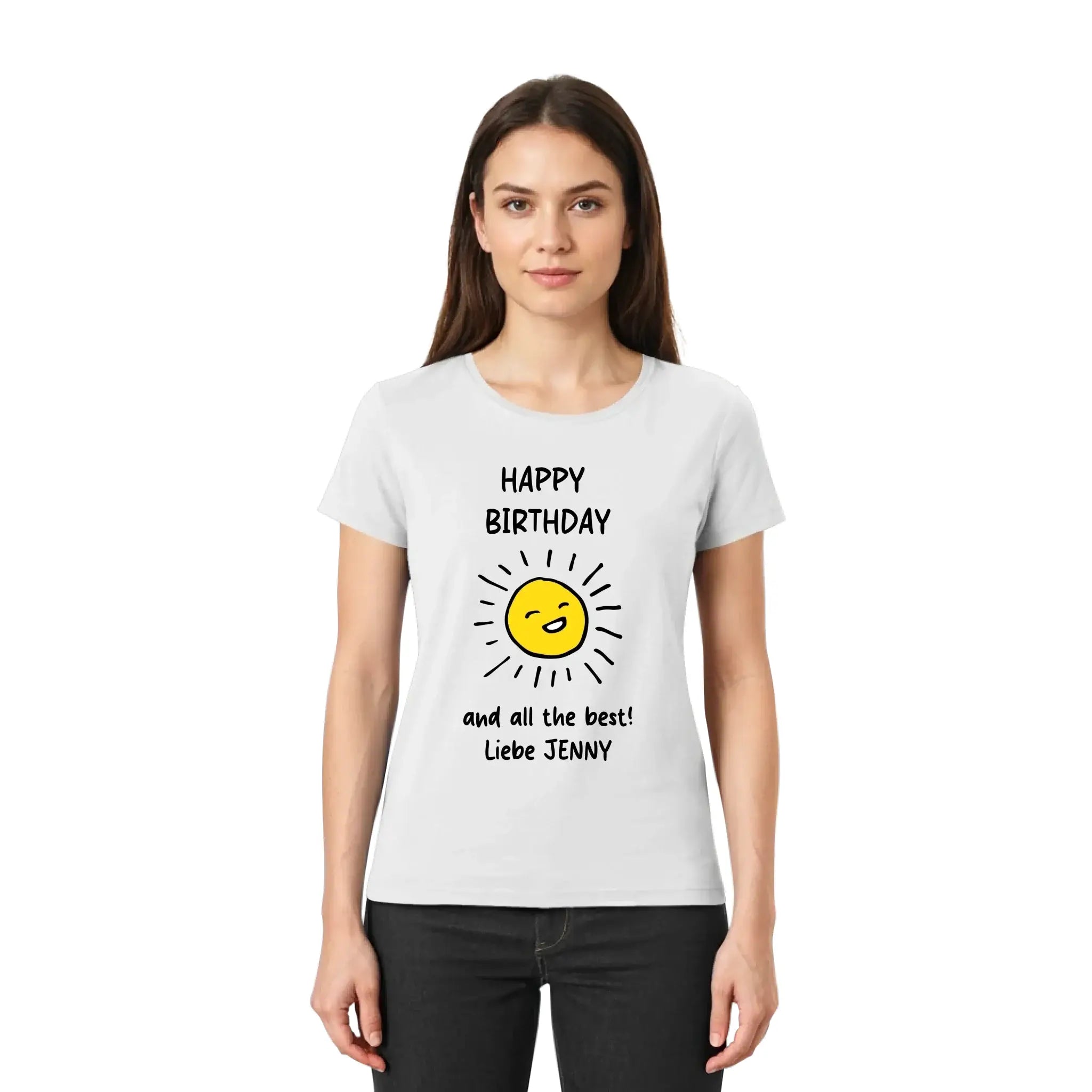 Weiße kurzarmtshirt mit gelber sonne und schwarzem text happy birthday liebe jenny geburtstag motiv 2 statement-collection