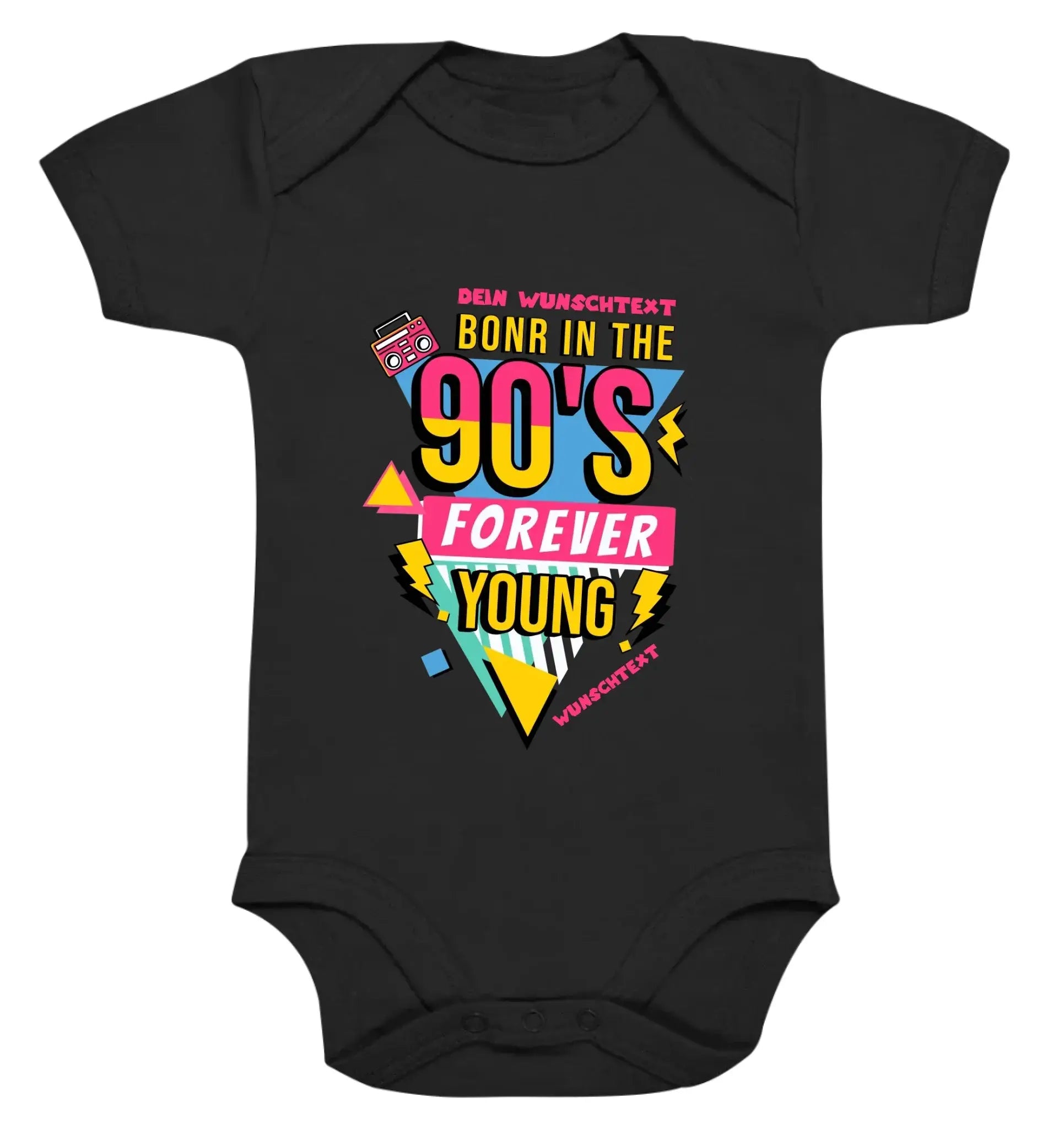 Schwarzer kurzarm babybody mit buntem 90er jahre grafik born in the 90s forever young aus der statement-collection
