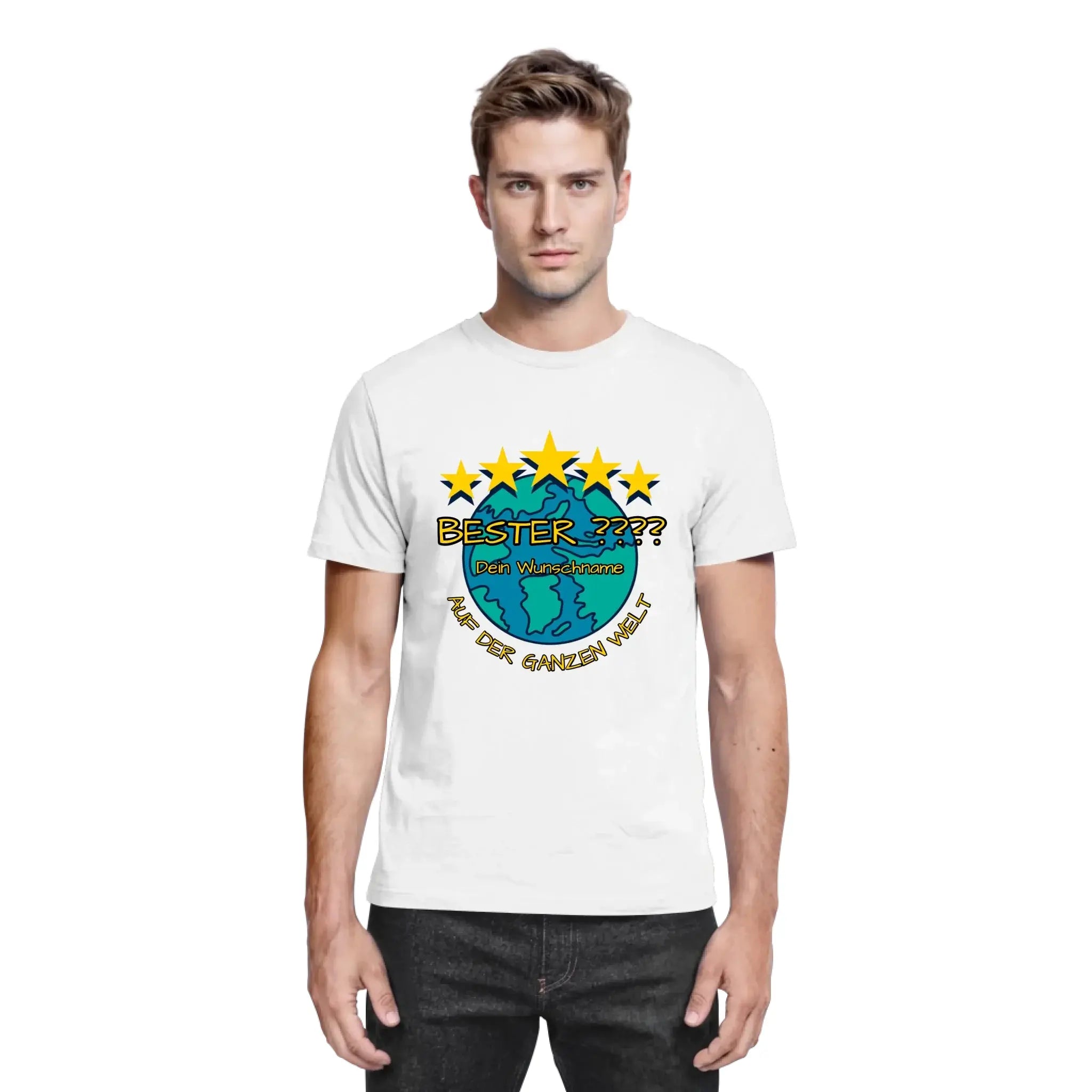 Weißes baumwoll t-shirt mit buntem globus, fünf gelben sternen und personalisierbarem bester tekst in schwarz