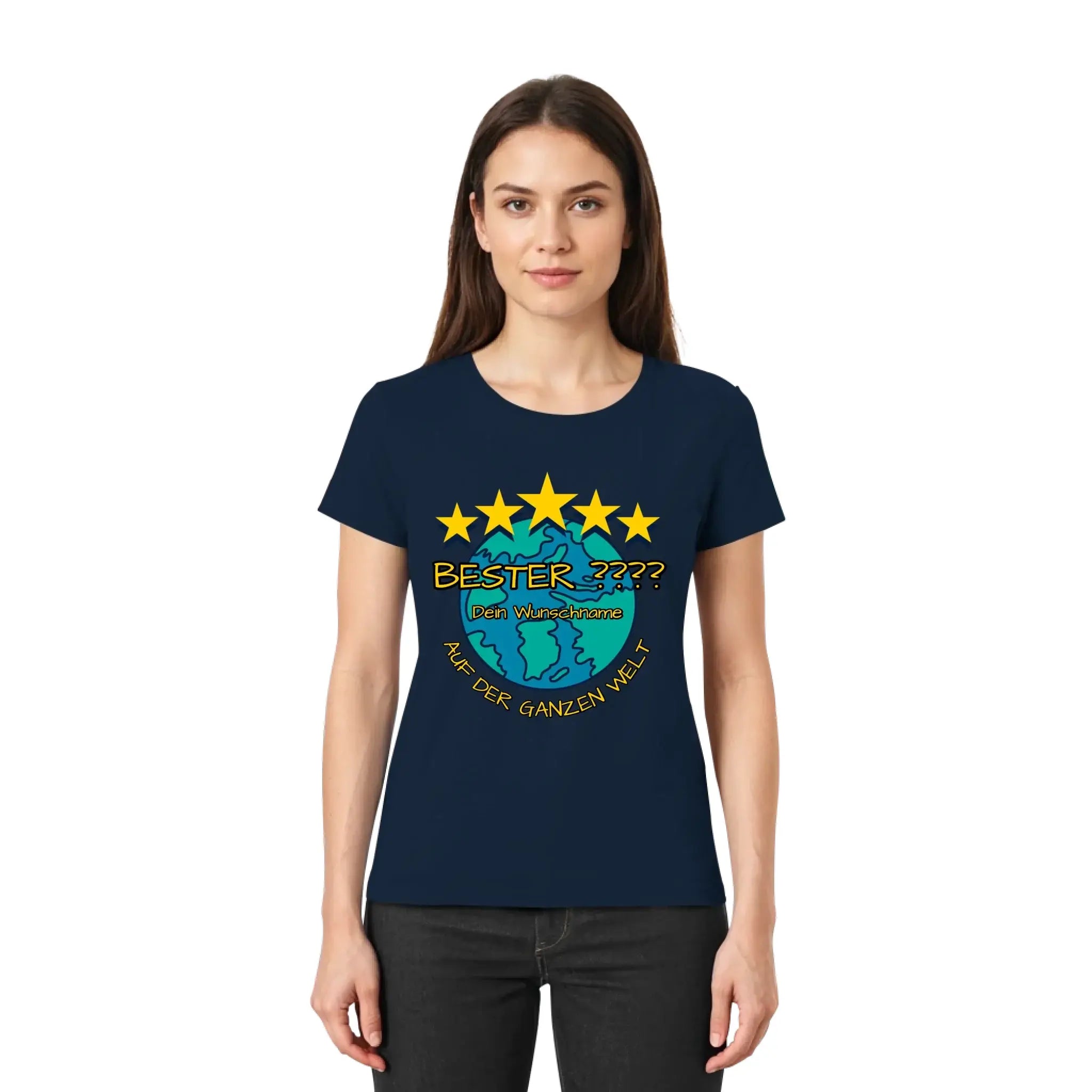 Navy blaue damen t shirt mit 5 sterne motiv grüner blaue globe gelbe sterne und deutscher text bester dein wunschname auf der ganzen welt