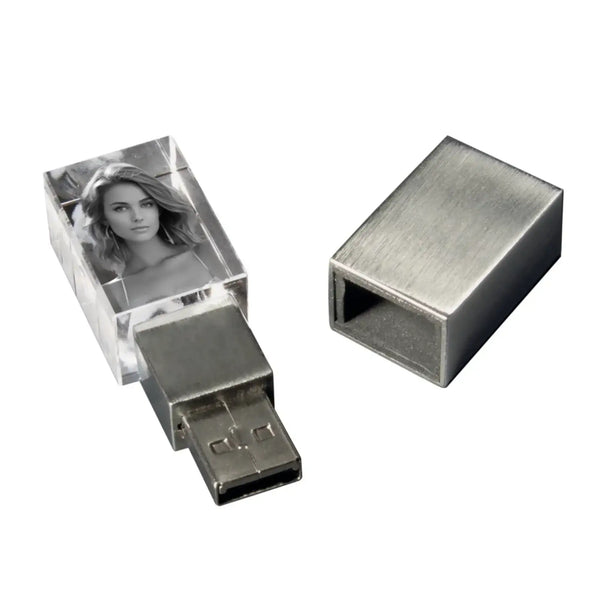 Klarer kristall usb stick 16gb mit schwarweiß porträt und metallanschluss personalisierbares fotogeschenk