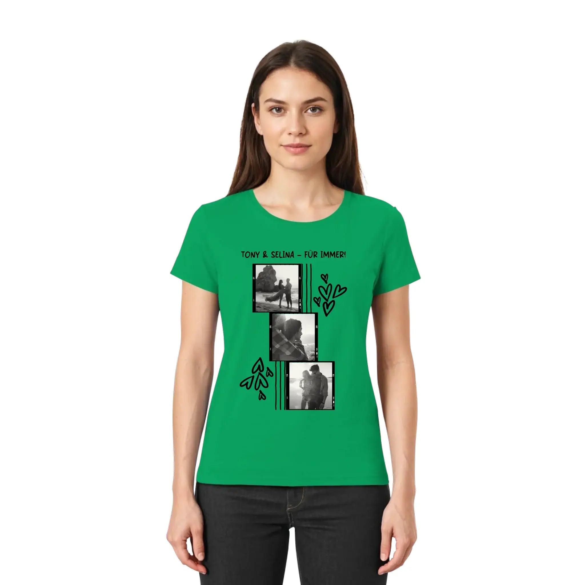 Grünes kurzarmshirt mit schwarzem grafikprint aus der statement-collection mit 3 fotos und herzen fürs selbstgestalten