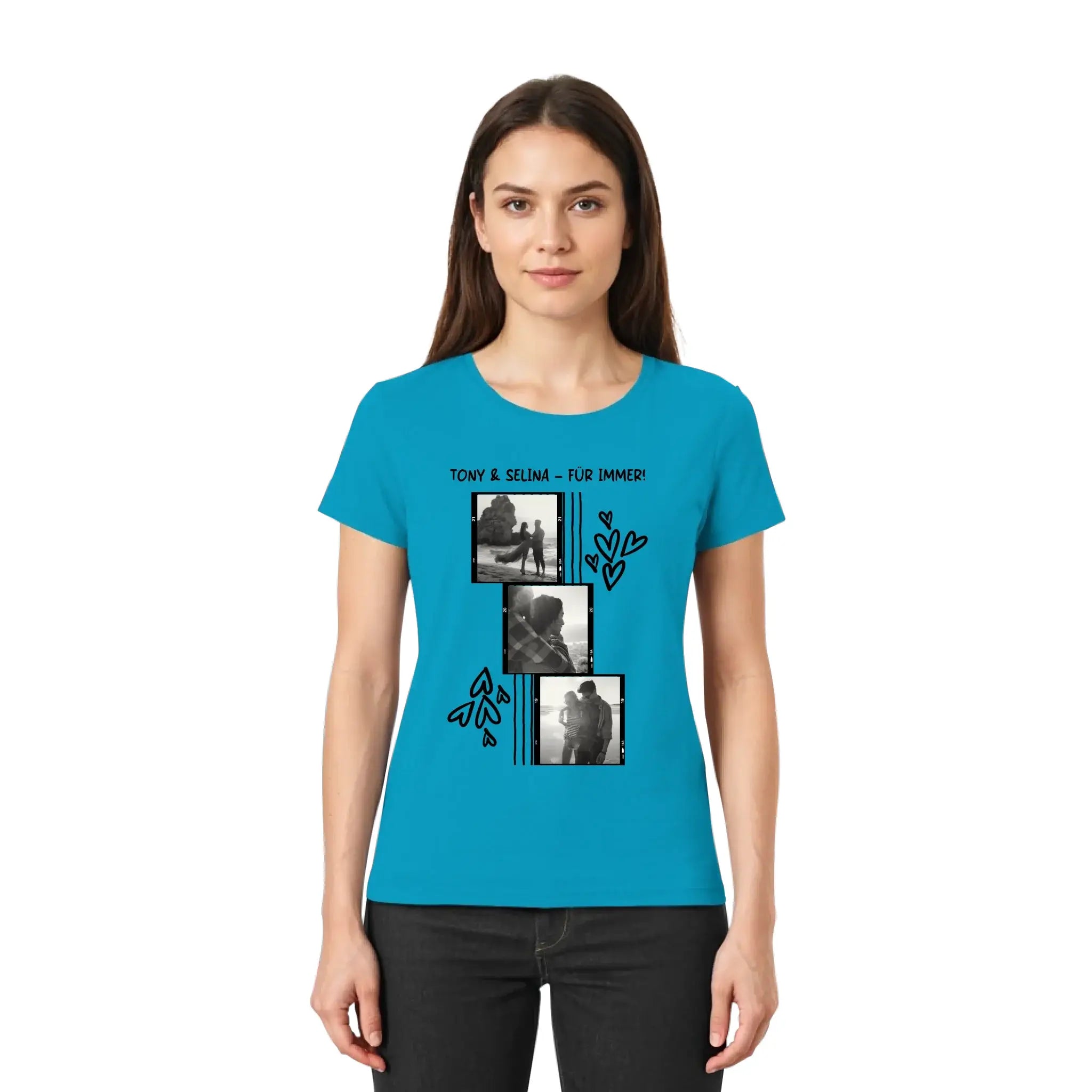 Vibrantes türkisfarbenes damen t-shirt mit kurzen ärmeln und schwarz-weiß fotos collage mit herzen und text tony und selina für immer