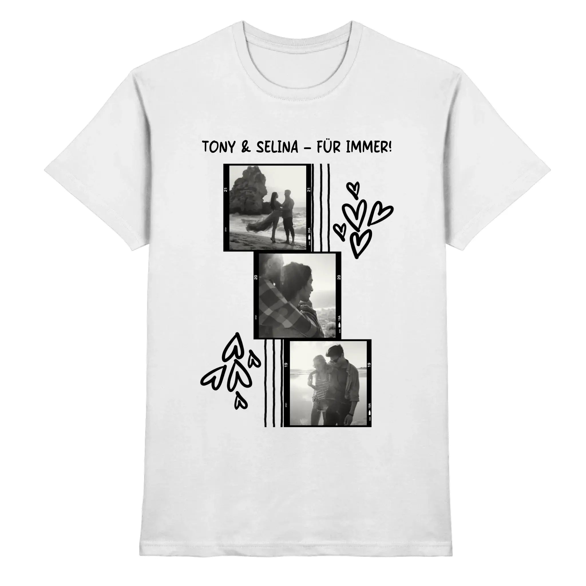 Weiße baumwoll t shirt mit schwarz weiß fotocollage von tony und selina am strand mit herzen und text für immer