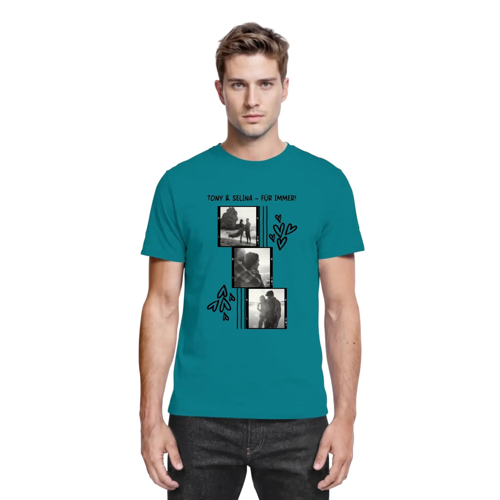 Tealfarbenes baumwollshirt mit schwarzem vintage foto collage grafik und herzen aus der statement collection