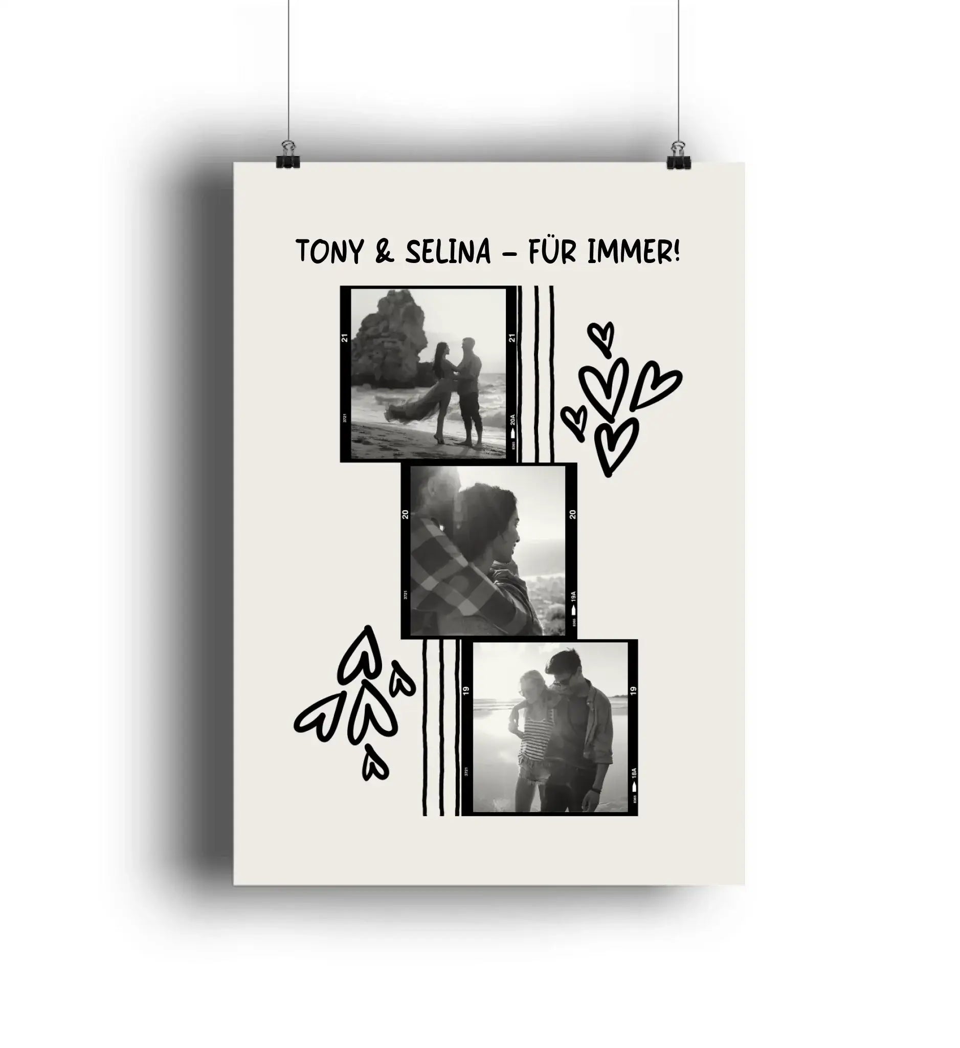 Ein cremefarbener 3er-collage poster mit schwarz-weiß fotos von einem paar und dem text tony & selina für immer