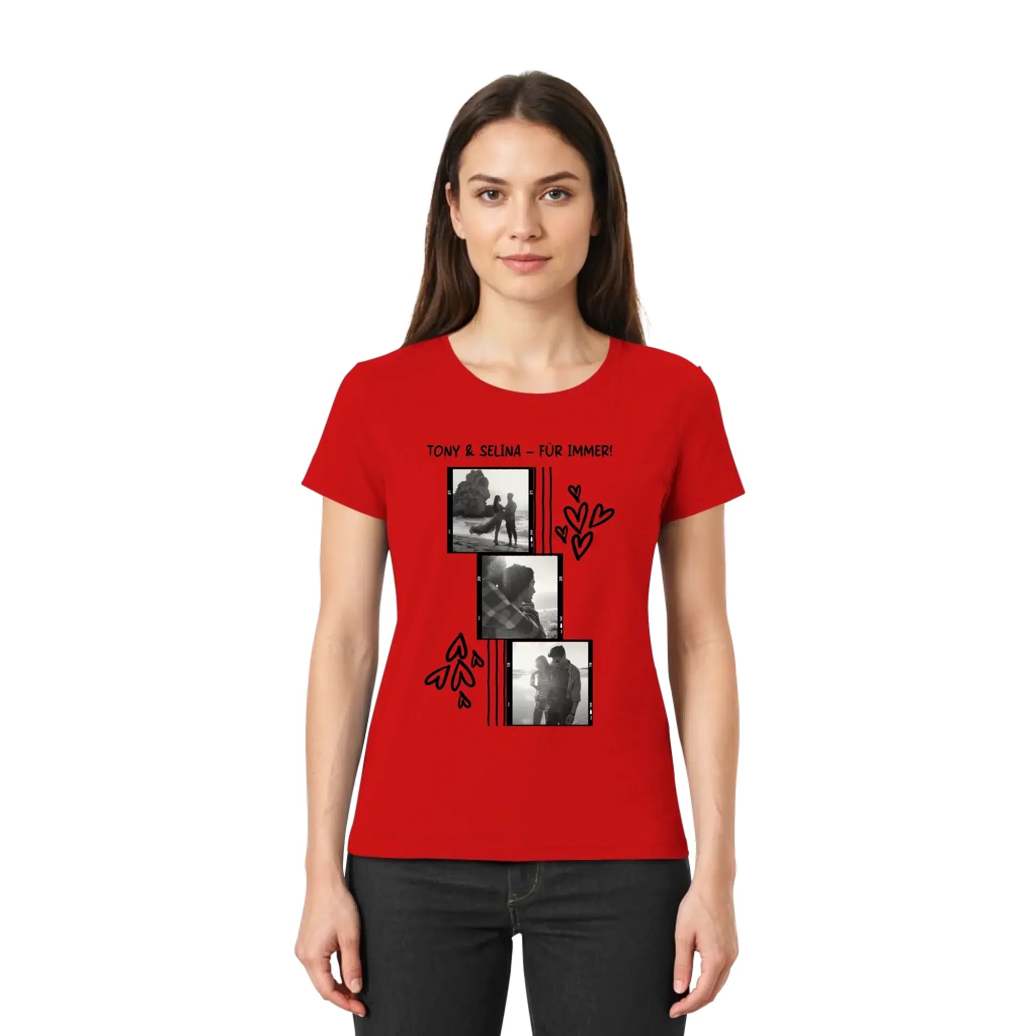 Rotes damen t shirt mit short sleeves und schwarz weiß fotocollage mit herzen und text tony und selina für immer