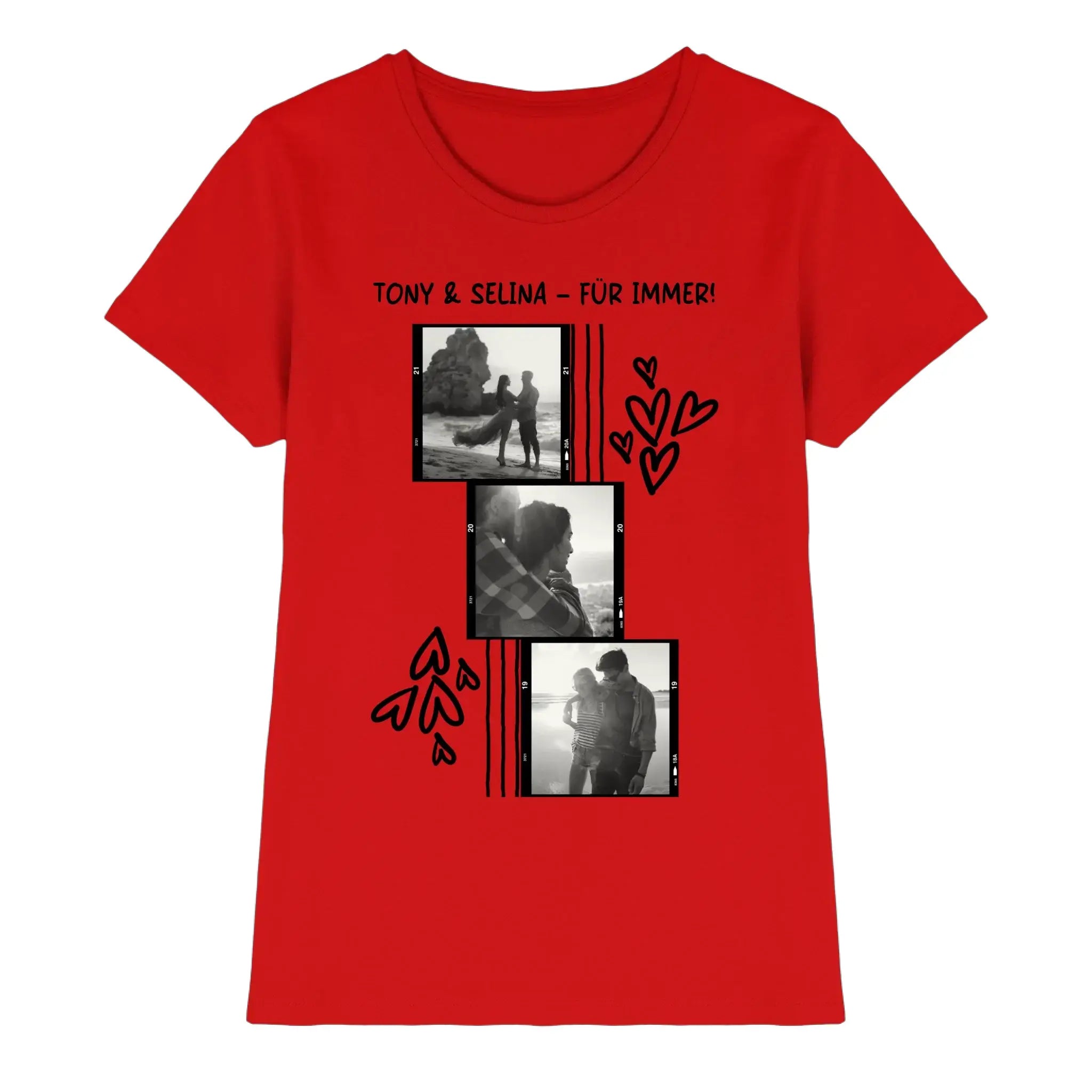 Rotes damen t-shirt mit schwarz-weiß fotocollage von romantischen strandmomenten im filmstreifen-design aus der statement-collection