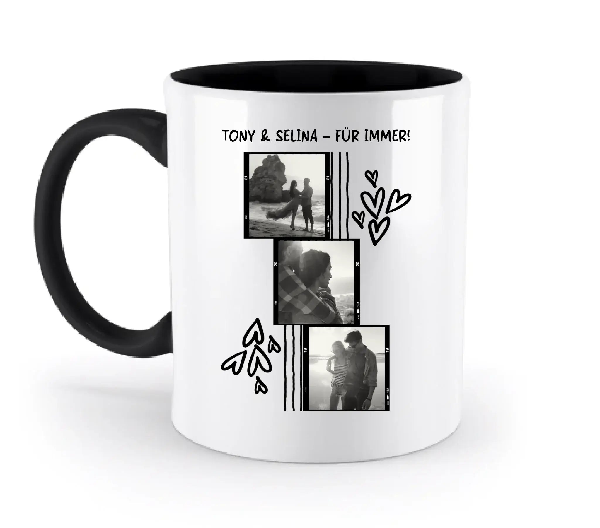 Weiße keramiktasse mit schwarzem griff und innenfarbe, 3er collage mit schwarz-weiß fotos in filmstreifen und herzen