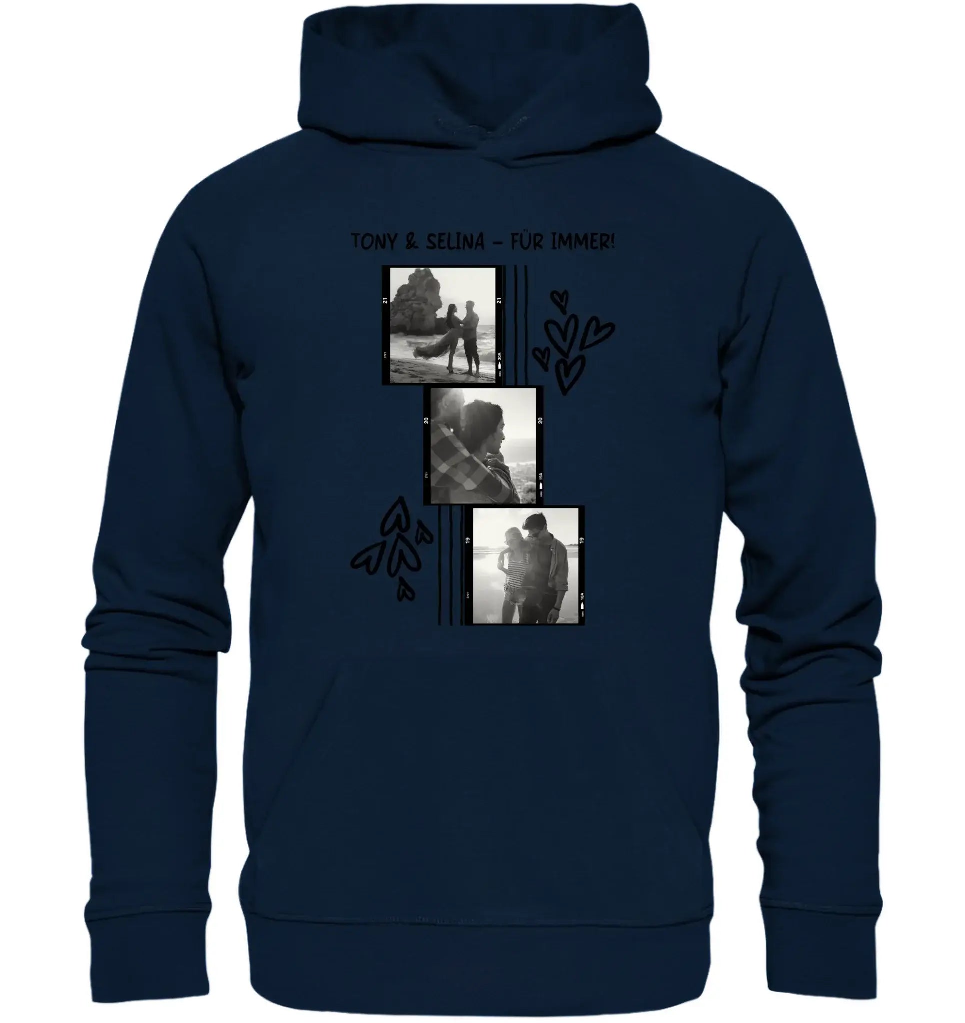 Navyblauer hoodie mit schwarz-weiß fotocollage von zwei personen mit herzen und tony & selina für immer text