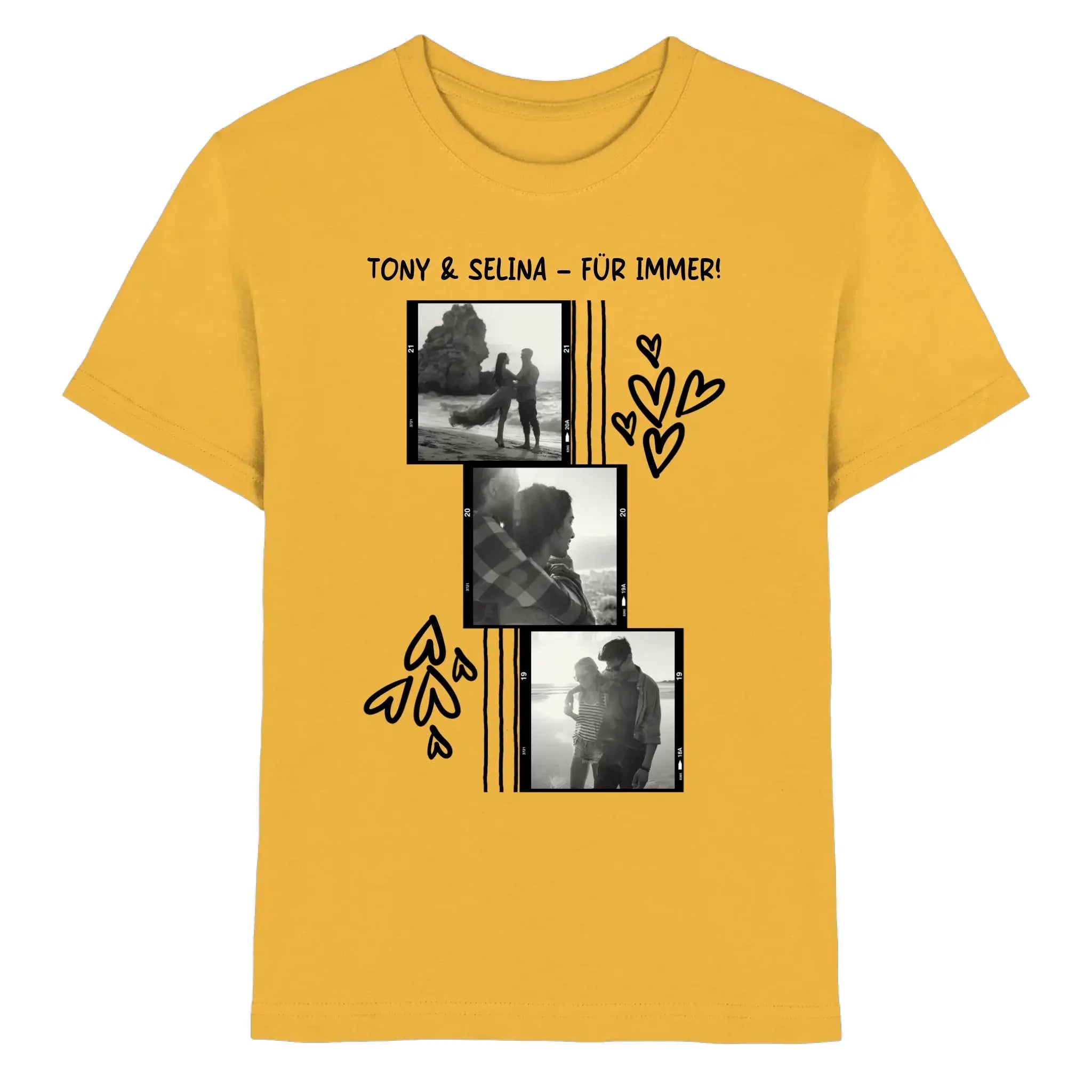 Gelbes t-shirt mit schwarz-weiß fotocollage aus drei paarbildern und handgemalten herzen aus der statement-collection