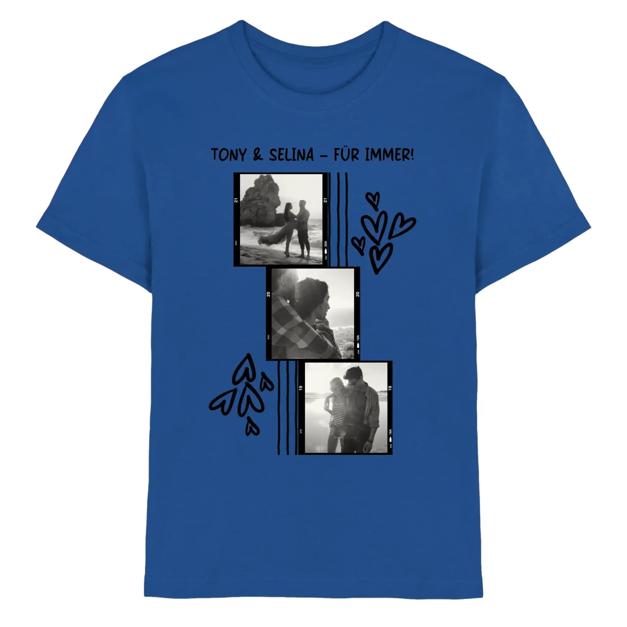 Royalblaue baumwolltshirt mit schwarzweiß fotocollage von paaren und herzmotiven tony und selina für immer