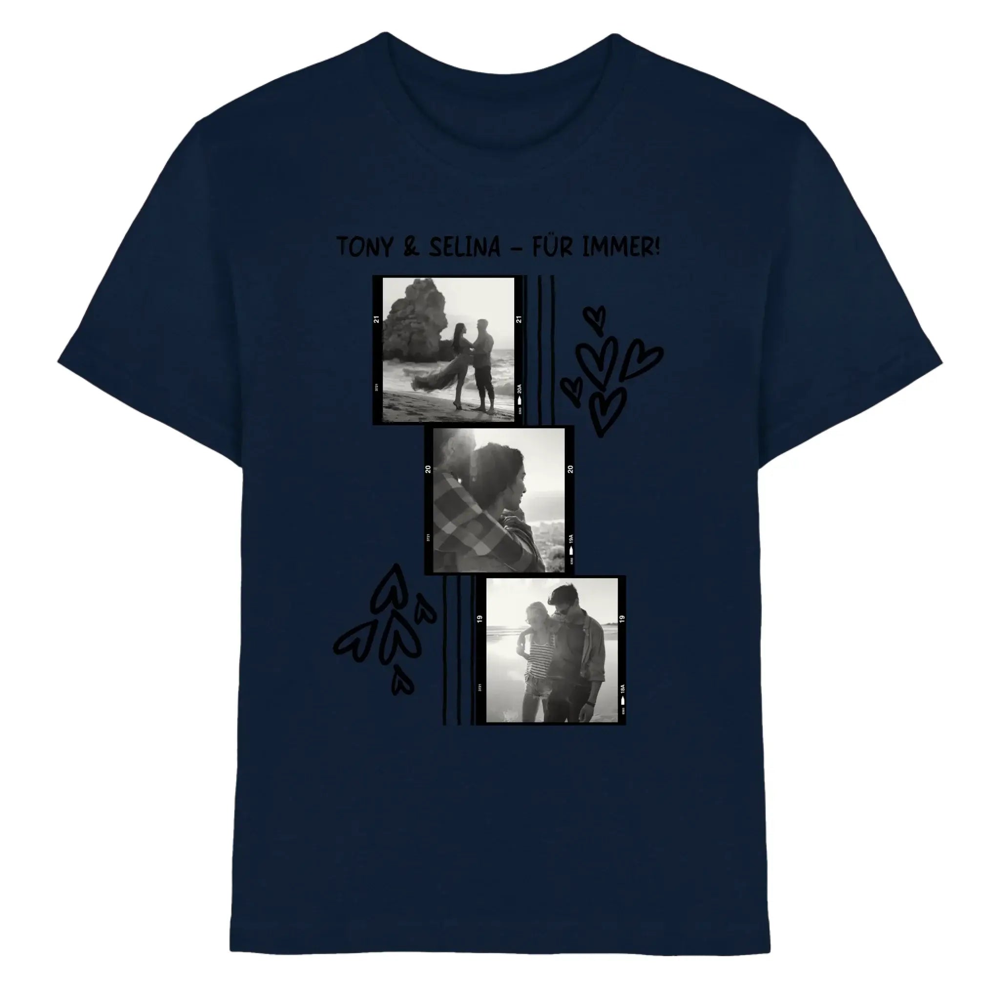 Navyblaue baumwoll tshirt mit schwarz weiß fotocollage von zwei personen und herzmotiven mit texte tony & selina für immer