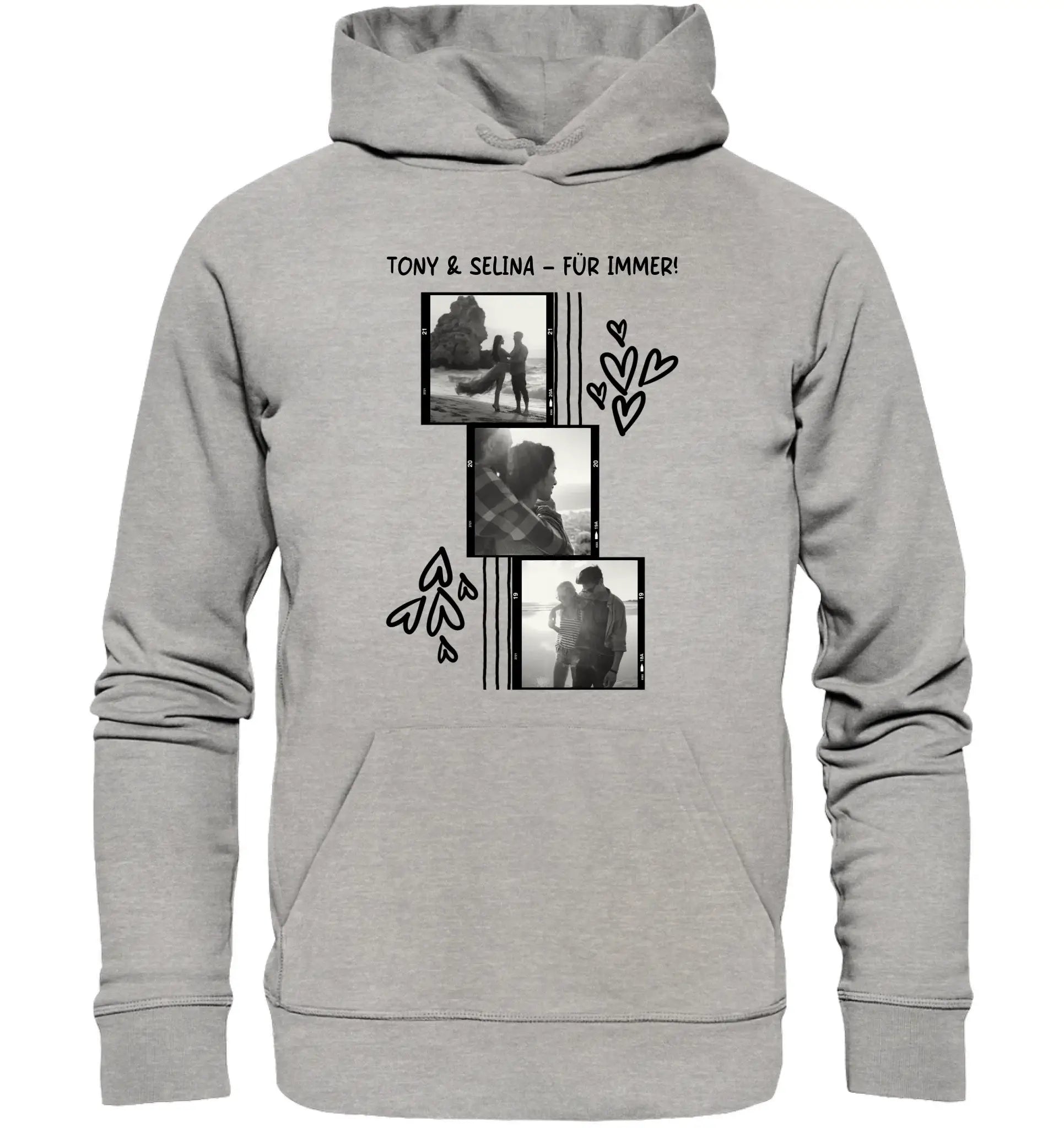 Heather graues kapuzensweatshirt mit schwarzweiß fotocollage aus drei bilderrahmen und dekorativen herzen