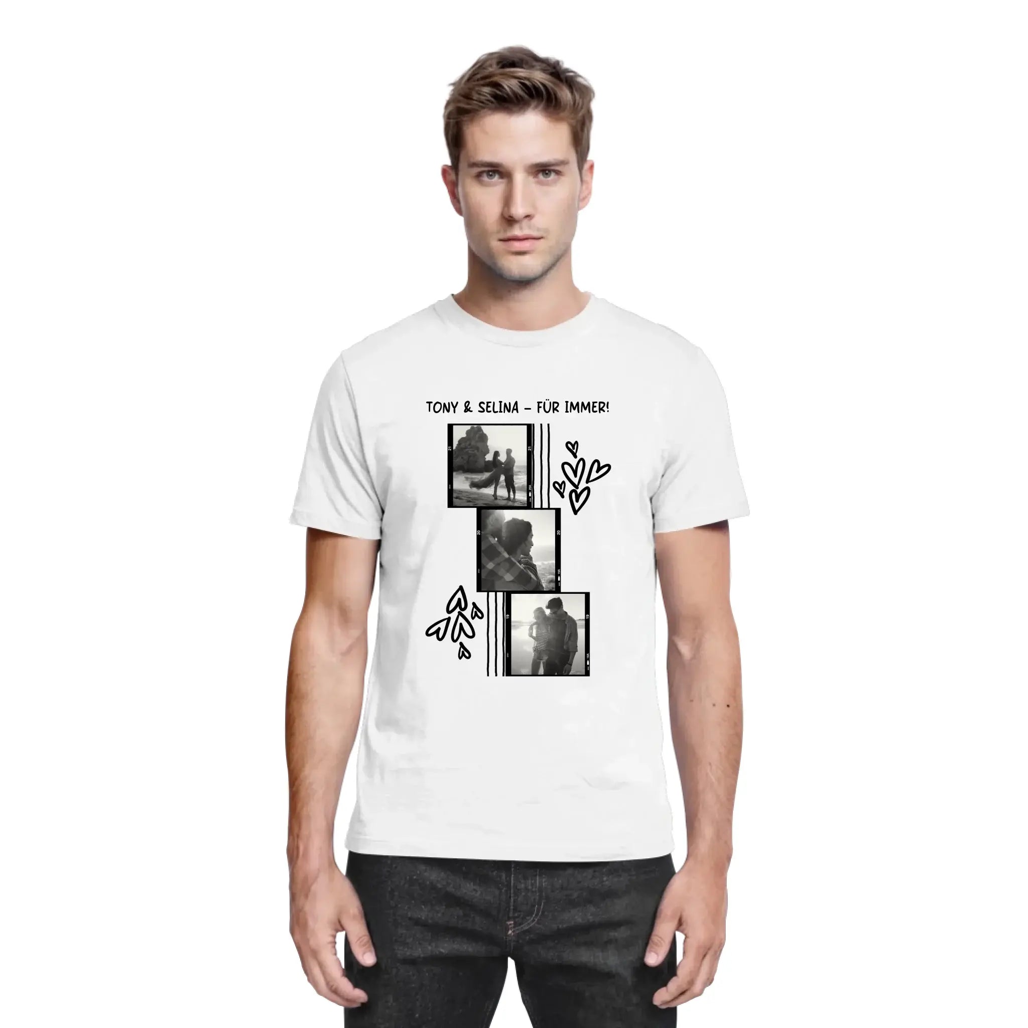Weiße baumwoll t-shirt mit schwarzem vintage foto collage print und text tony & selina für immer aus statement collection