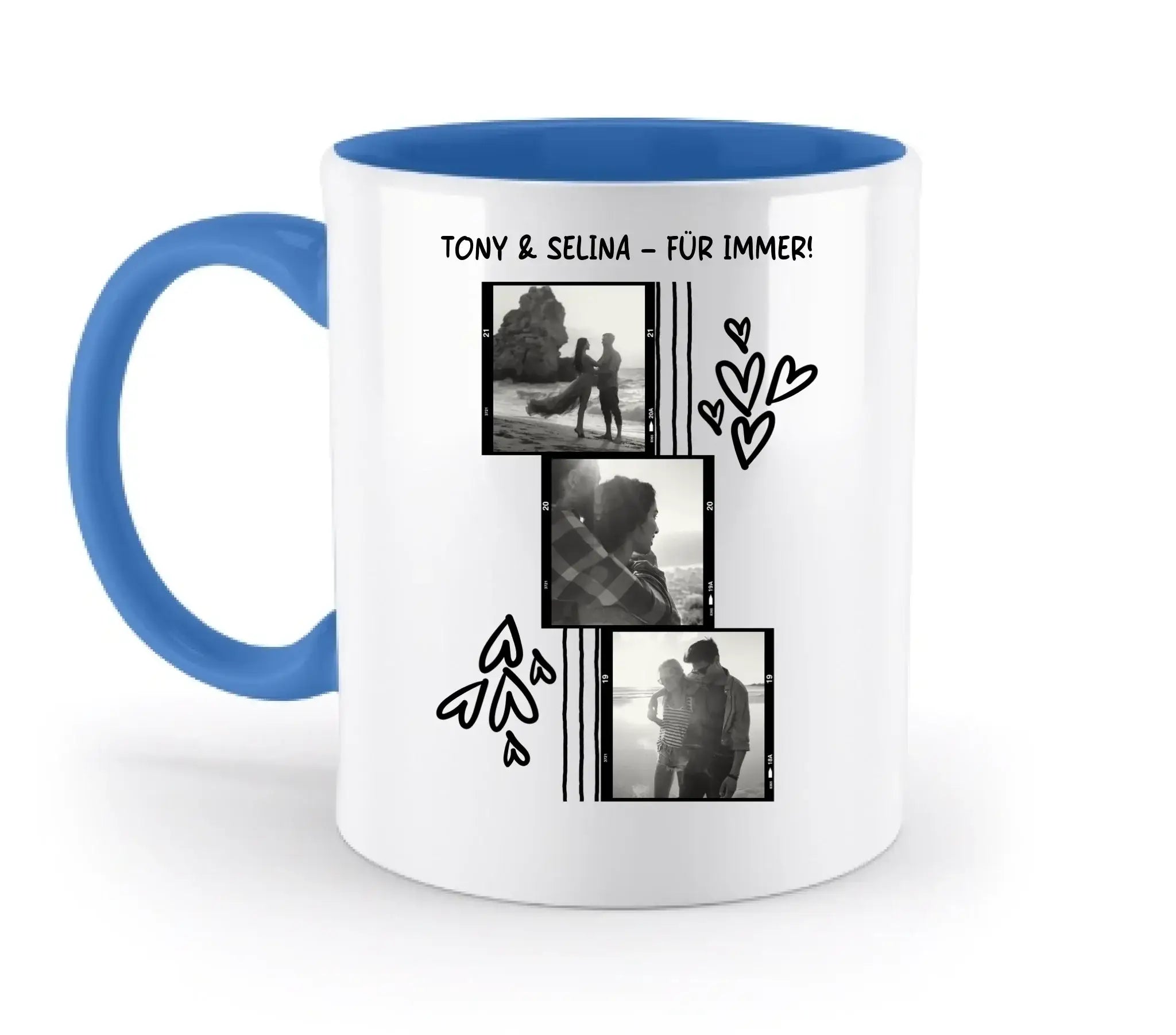 3er Fotocollage - mit Wunschtext (personalisierbare Fotomotive) - Zweifarbige Tasse / Blue / 330ml - personalisierbare
