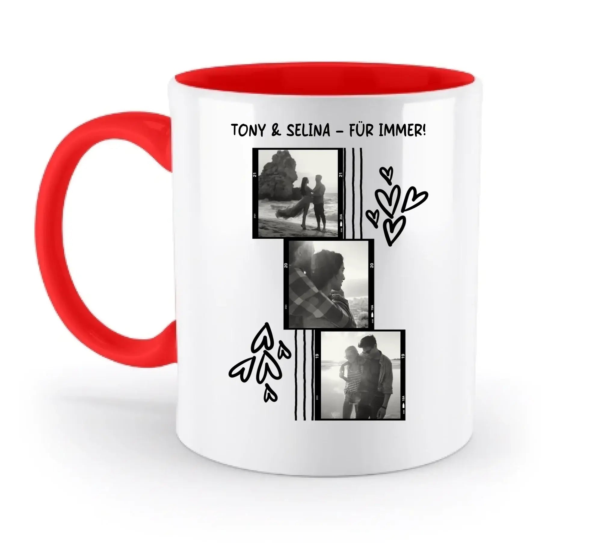 3er Fotocollage - mit Wunschtext (personalisierbare Fotomotive) - Zweifarbige Tasse / Rubin-Red / 330ml