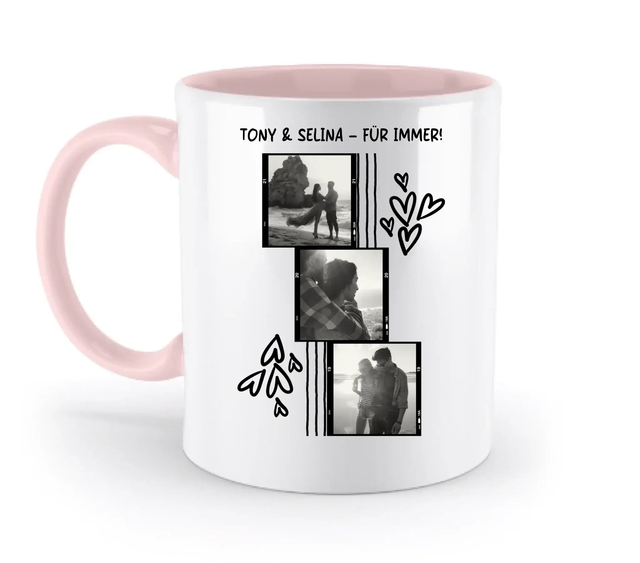 3er Fotocollage - mit Wunschtext (personalisierbare Fotomotive) - Zweifarbige Tasse / Powder-Pink / 330ml