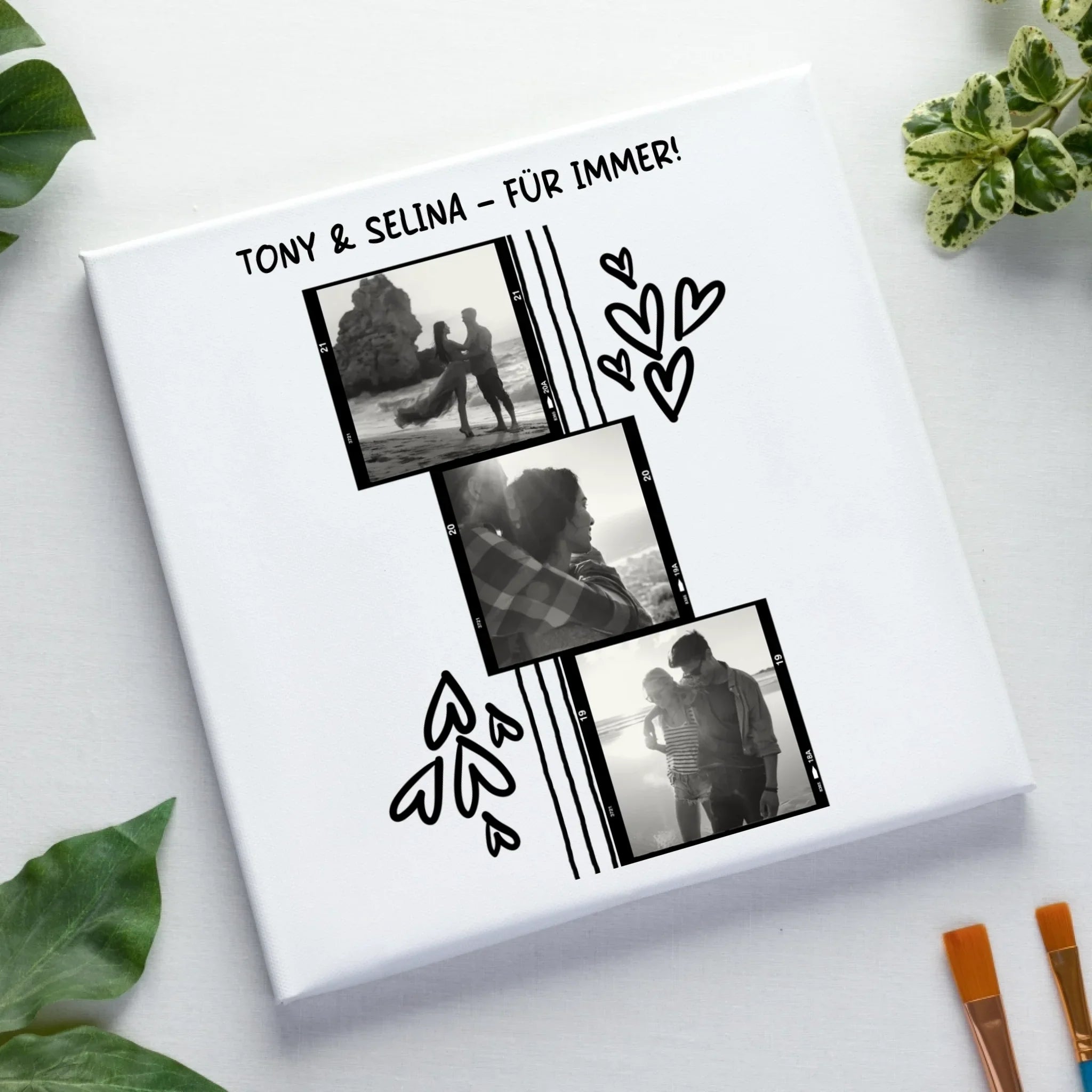 3er Fotocollage - mit Wunschtext (personalisierbare Fotomotive) - Leinwand auf Holzkeilrahmen / Standard / 20cm-x-20xm