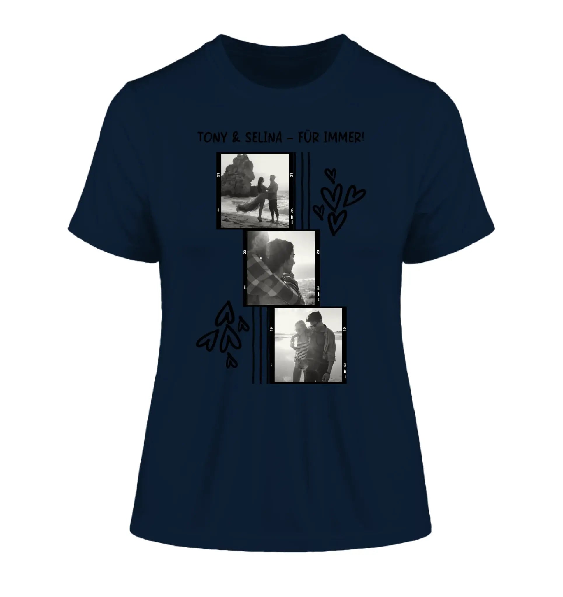 3er Fotocollage - mit Wunschtext (personalisierbare Fotomotive) - Damen T-Shirt (Fitted) • Bio / French Navy / 2XL