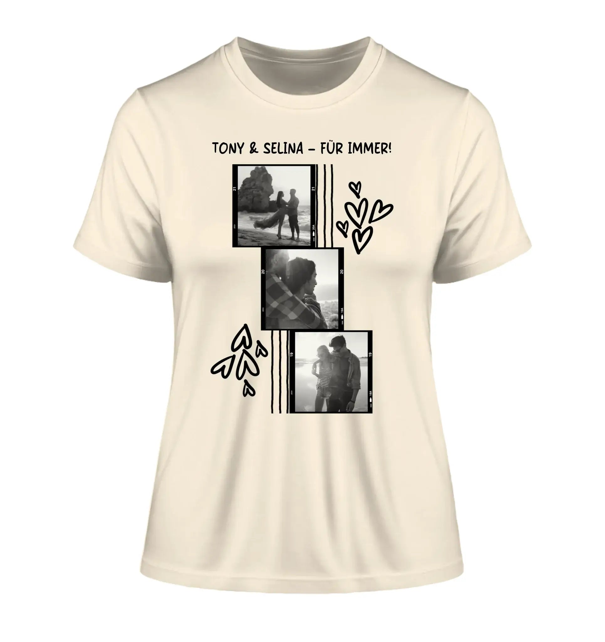 3er Fotocollage - mit Wunschtext (personalisierbare Fotomotive) - Damen T-Shirt (Fitted) • Bio / Natural / 2XL