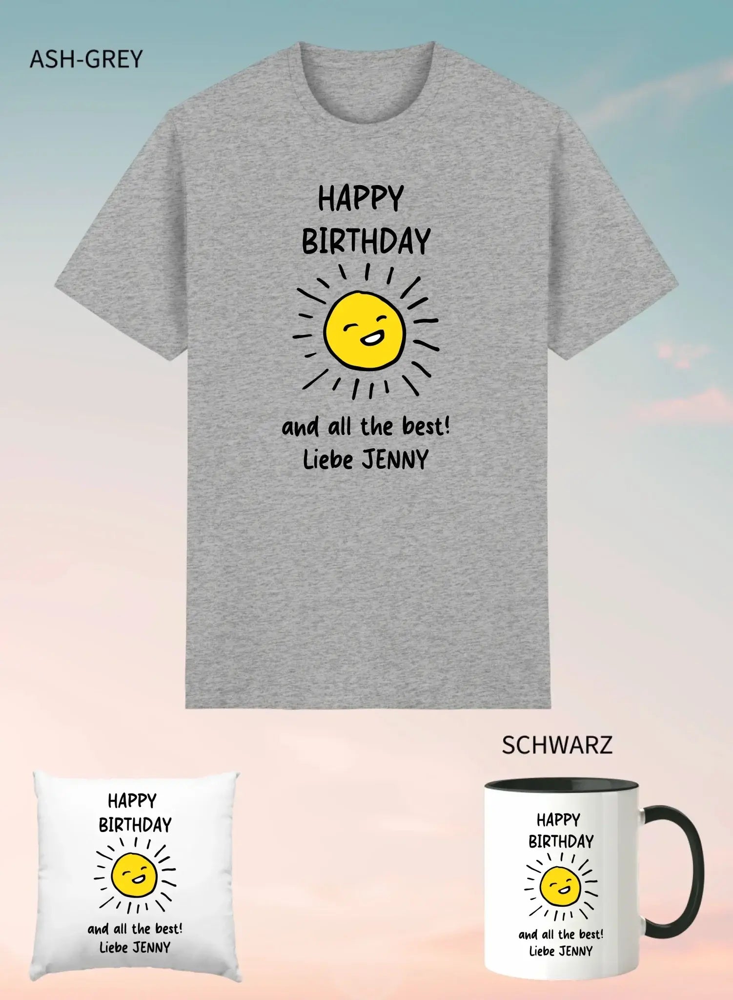 Ash-grau unisex t-shirt mit cheerful gelb sun und Text happy birthday und all best liebe jenny in 3er geschenkset