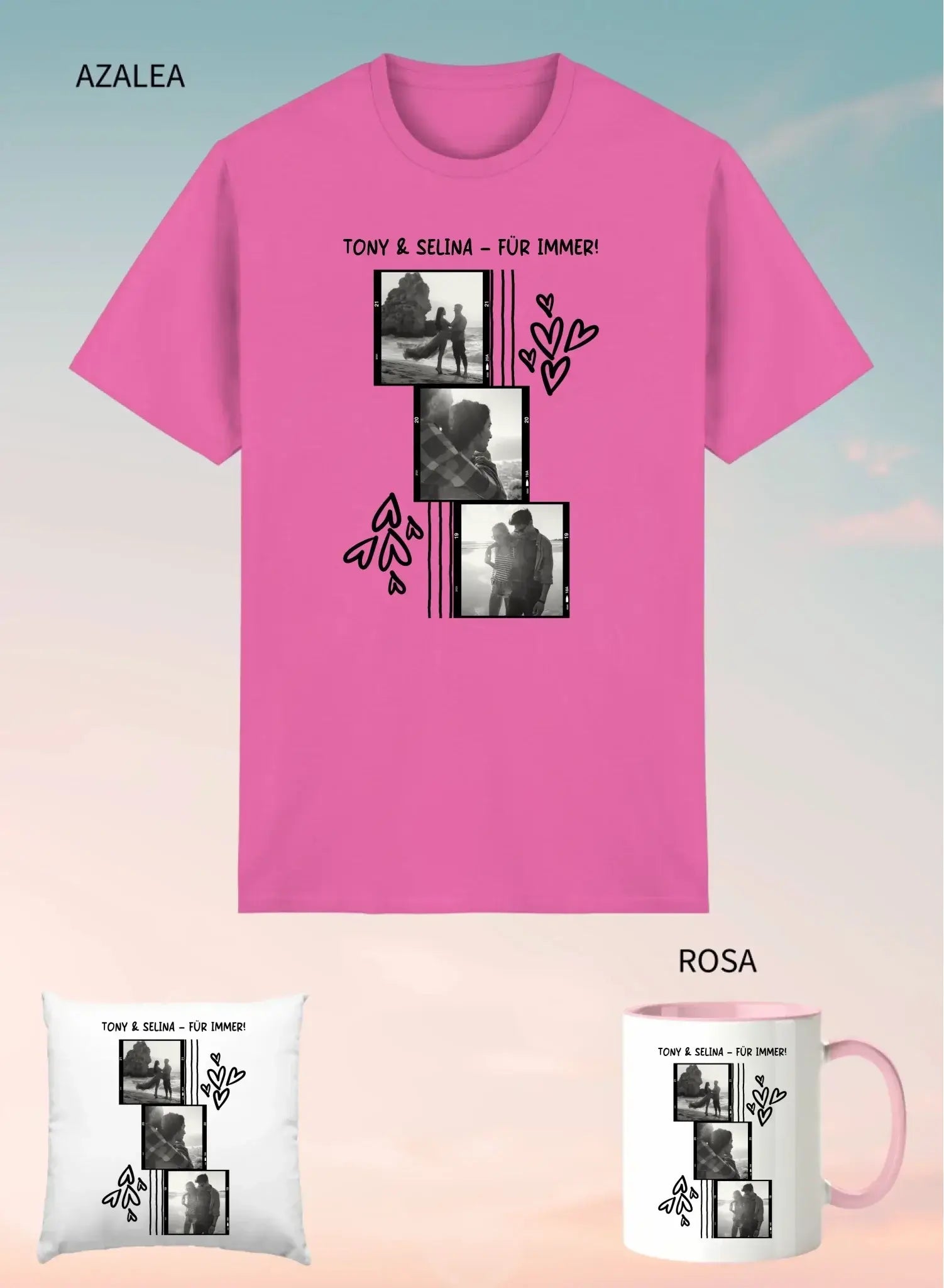 Leuchtendes pinkes unisex t-shirt mit schwarz-weiß fotocollage, herzen und text tony & selina für immer