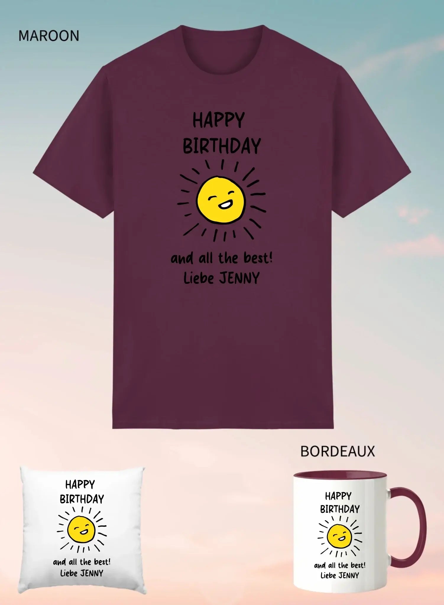 Maroon kurzarmshirt mit fröhlicher gelber sonne und happy birthday text in 3er geschenkset unisex t-shirt tasse kissen