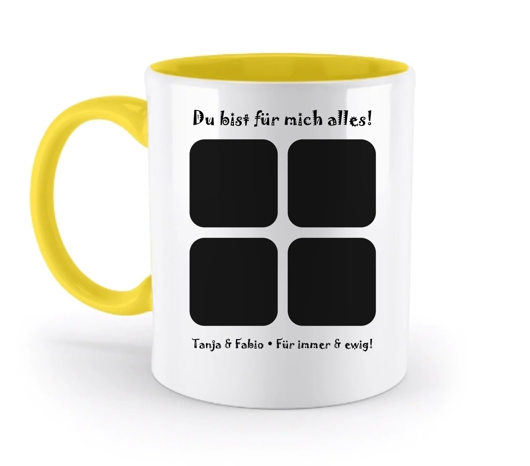 4-Bilder-Motiv mit deinem Foto und Wunschtext • Collage (personalisierbare Fotomotive) - Zweifarbige Tasse / Yellow