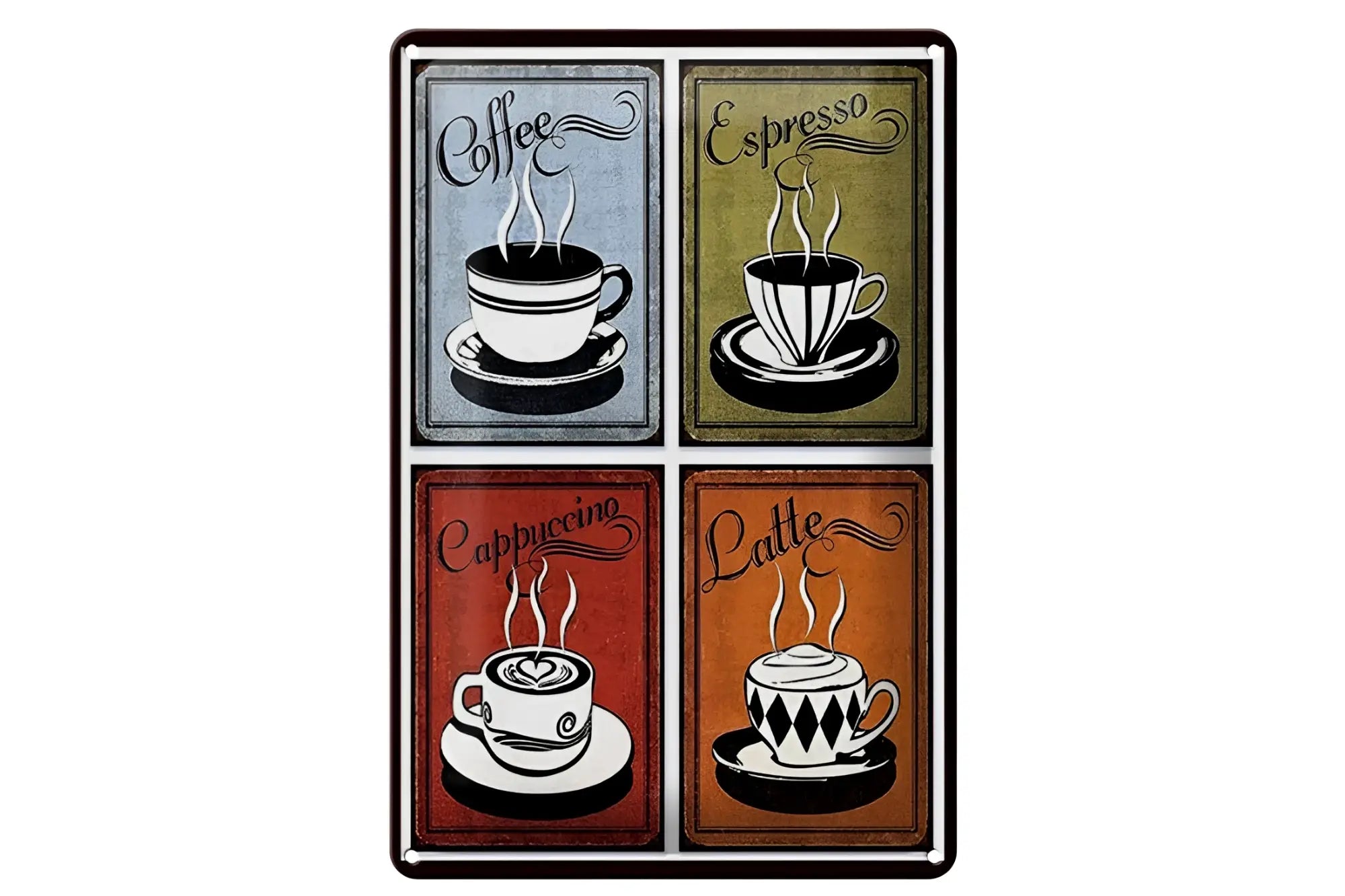 Rechteckiges blechschild 20x30 cm mit vier vintage kaffee-tassenillustrationen auf buntem hintergrund