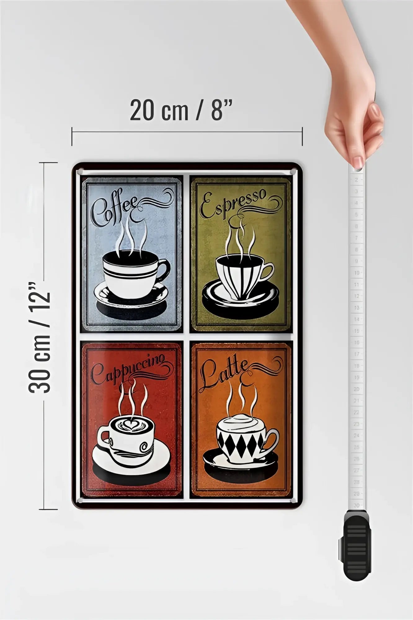 Rechteckiges metallblechschild 20x30cm mit vier vintage kaffeetassenmotiven in verschiedenen farben labeled coffee espresso cappuccino latte