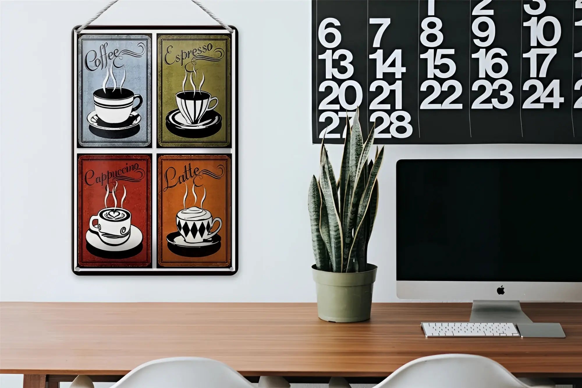 Ein blechschild 20x30cm mit vier illustrationen verschiedener espresso kaffeegetränke auf weißem hintergrund