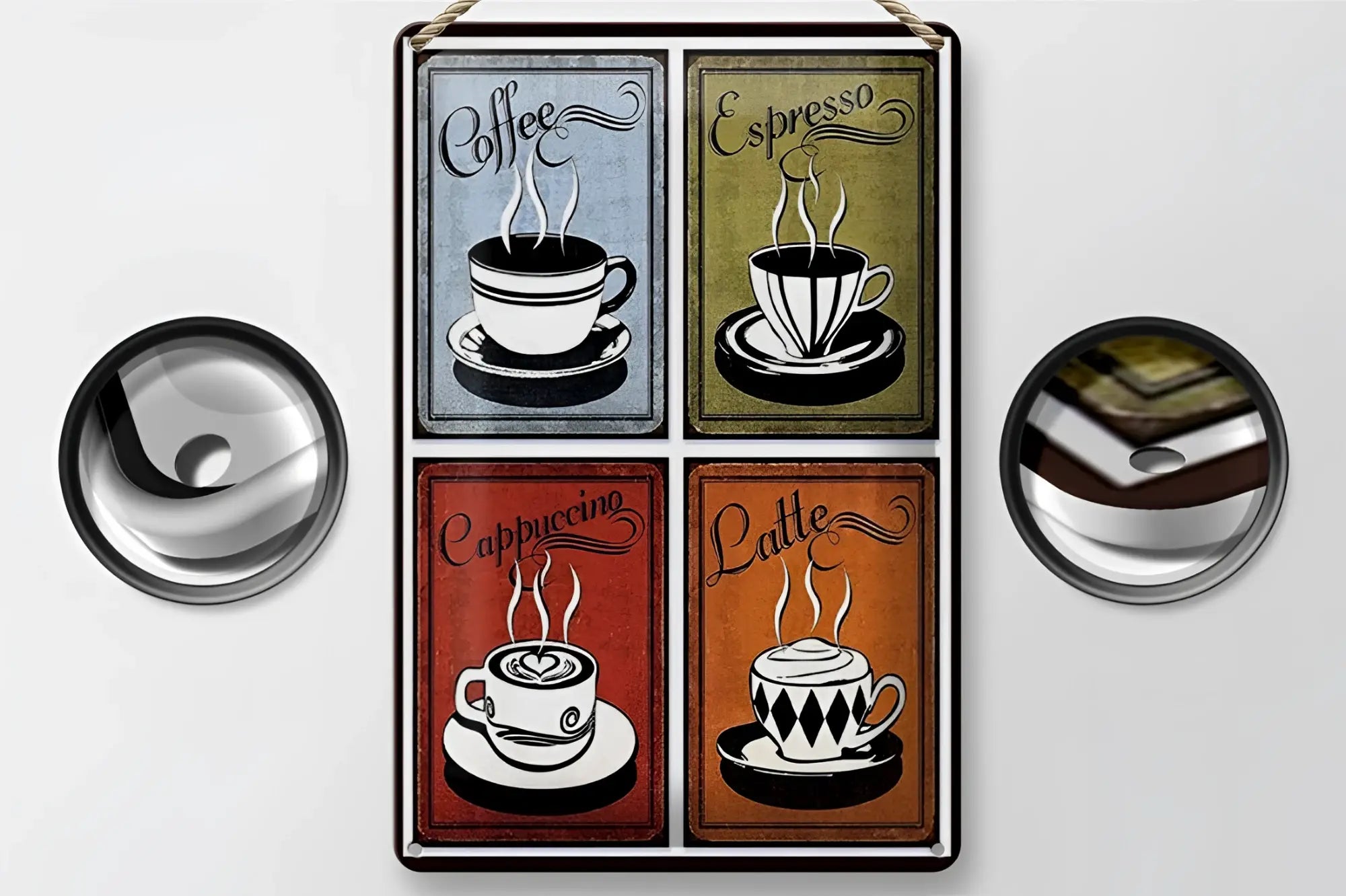 Rechteckiges blechschild 20x30cm mit vier vintage kaffeebildern auf distressed hintergrund jeweils benannt