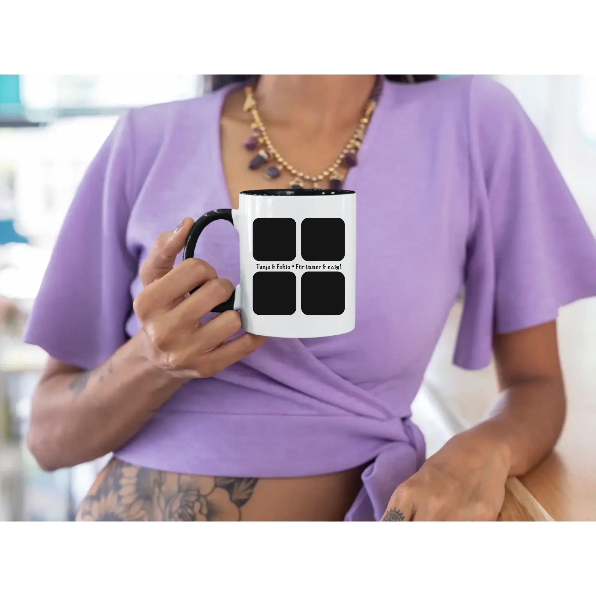 4 Fotos mit Text • Fotogeschenk • zweifarbige Tasse • Exklusivdesign • personalisiert
